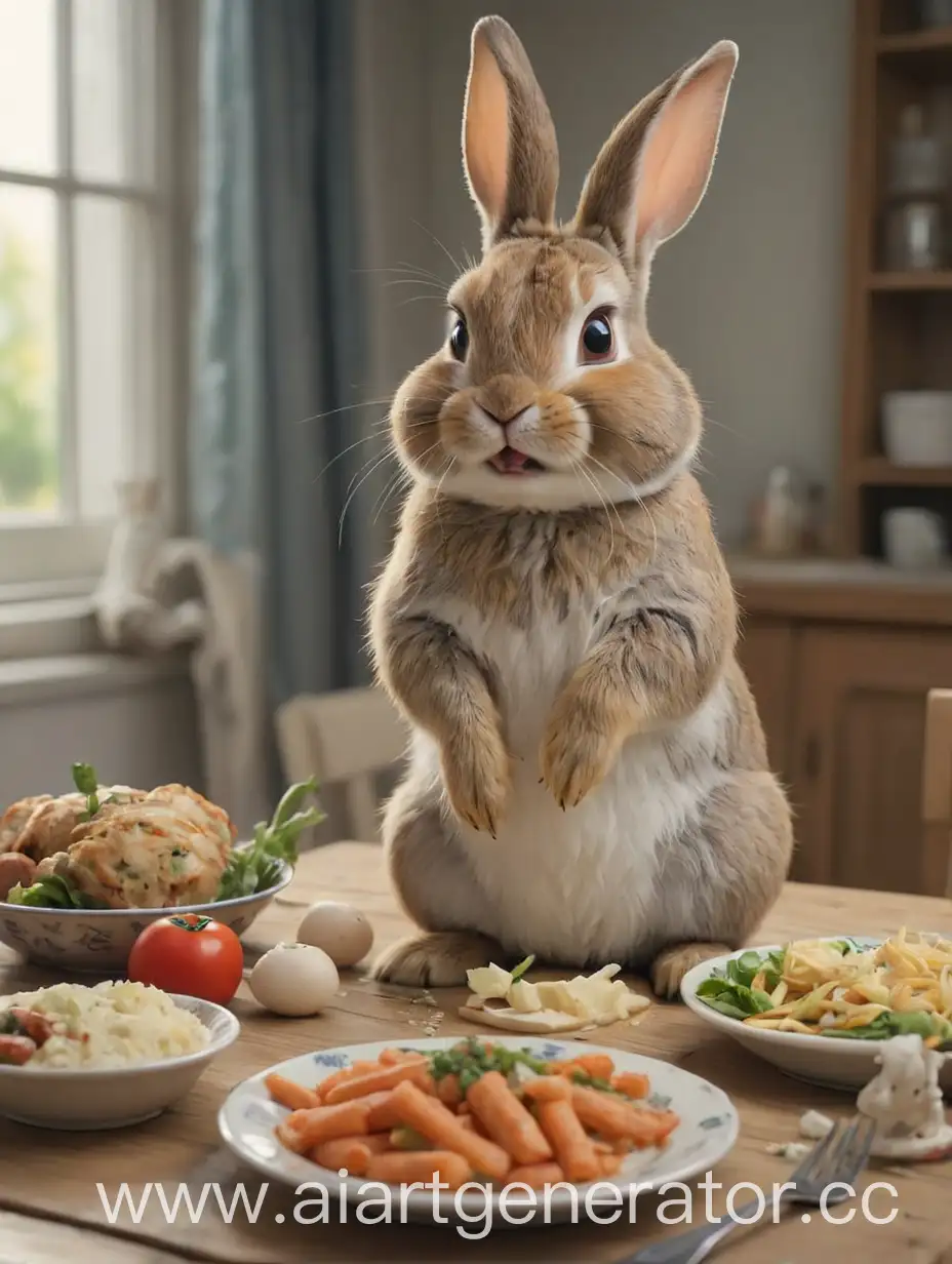 小兔子今天不高兴，因为餐桌上的食物太多了。