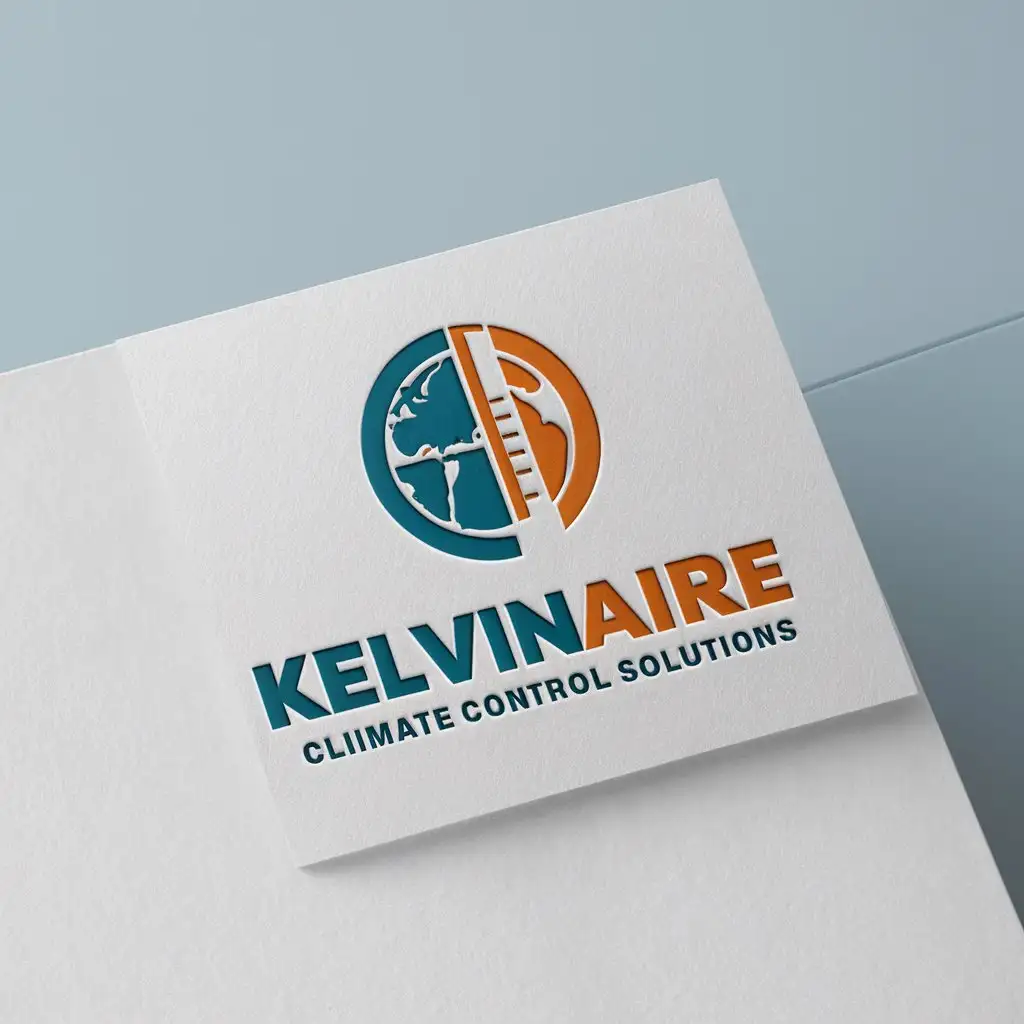 a logo design,with the text "KelvinAire Climate Control Solutions", main symbol:Our brand focuses on heating, cooling, ventilation, and refrigeration services.nKey Requirements:n- Minimalist Approach: I am looking for a logo that embodies a minimalist style, ensuring it is clean, modern, and professional. this logo should include a  This Climate theme. preferred colors baby blue and orange. must be a logo on a white paper mockup,Moderate,clear background
