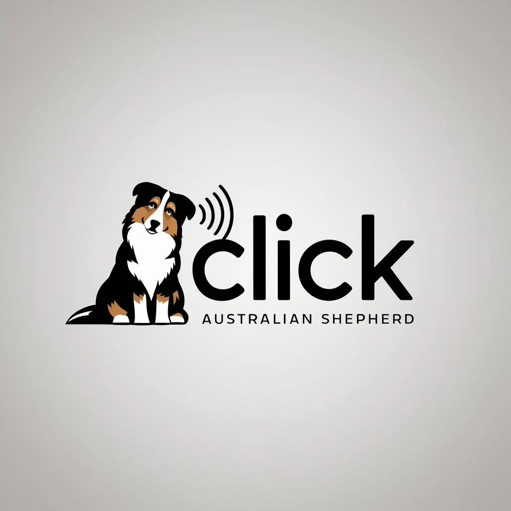 a logo design,with the text "ClicK", main symbol:The Australian Shepherd is a black tricolor color, minimalistic style and funny cartoon style. Dog sits to the left of the text and listens attentively with his head tilted. The sound comes from the first letter C in the direction of the dog's ear.,Minimalistic,be used in Animals Pets industry,clear background
