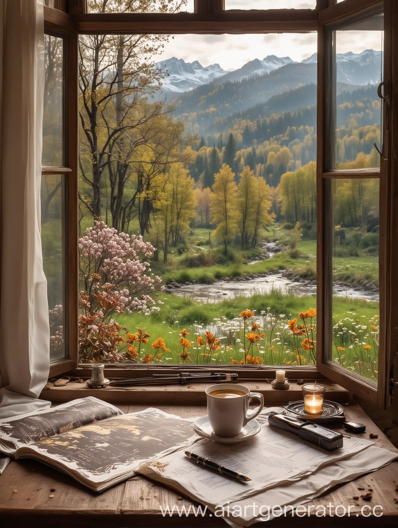 кофе с пенкой элитный шоколад в фольге старинный стол у раскрытого окна весенние сумерки горы на горизонте лес сад перьевая ручка на листе бумаги тишина