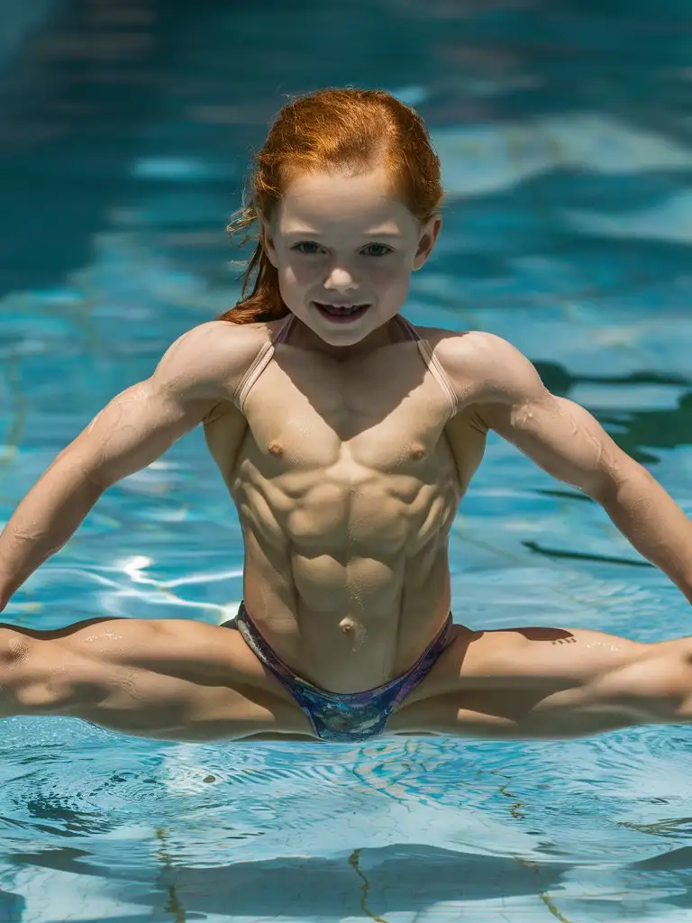 8 years old girl, ginger hair, very muscular abs, showing her belly, small bathingsuit, doing the split