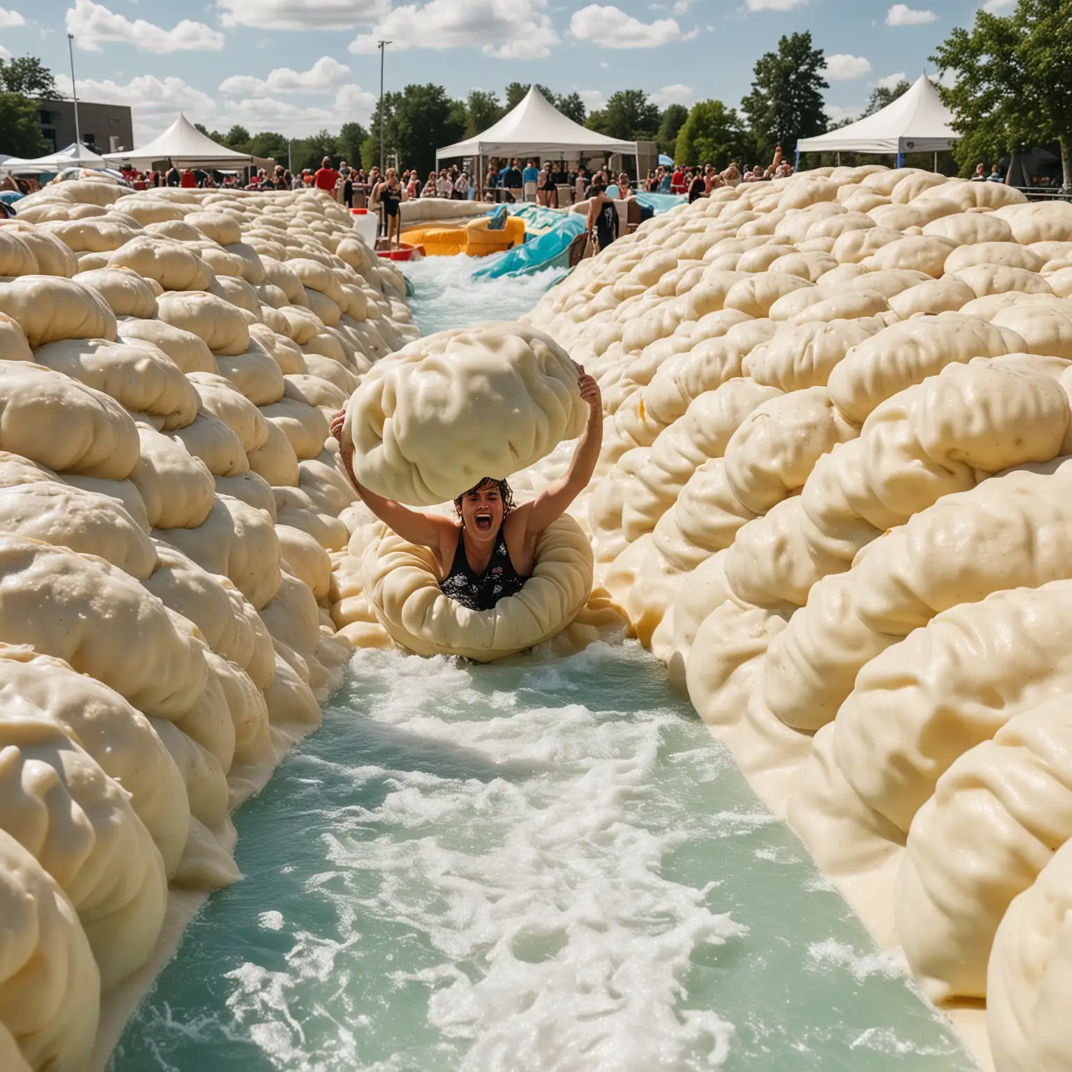 a person going down a water slide made from oversized dumplings