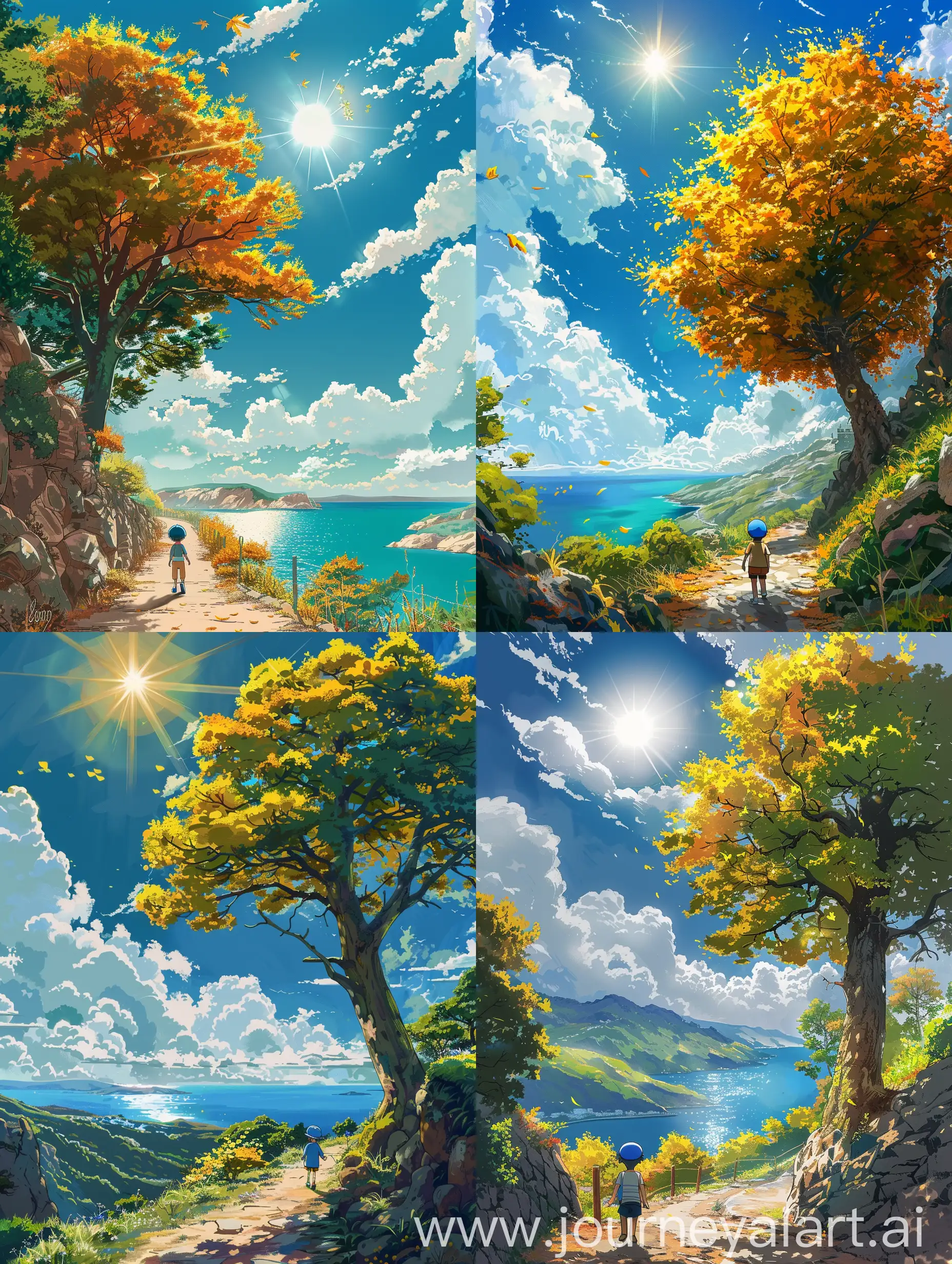 Mediterranean mountains with sea. The green color sea is only slightly visible to the right. Studio Ghibli style. Distant View ,blue sky, fluffy white clouds,pathway,Huge tree with a yellow leaves,bright sun,a boy walking with a blue cap