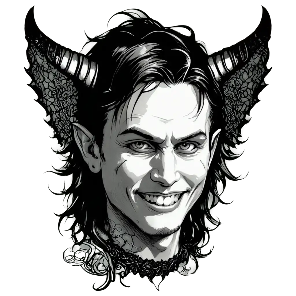 Male-Demon-and-Goth-Girl-Tattoo-Sketch-Art-PNG-Portrait-of-Smiling-Satan-with-Adoring-Goth-Girl-in-Lace
