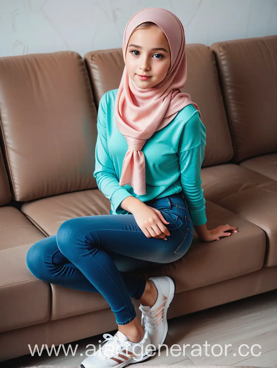 A girl wear a hijab. The girl is 12 years old. She is so
beautiful girl. She wears a skinny tight jeans, sport shoes. Slim legs. Stand near the sofa. Elegant pose. From above,
Petite, cute. Russian. Close-up body. She is most beautiful
girl in the world. Side view,