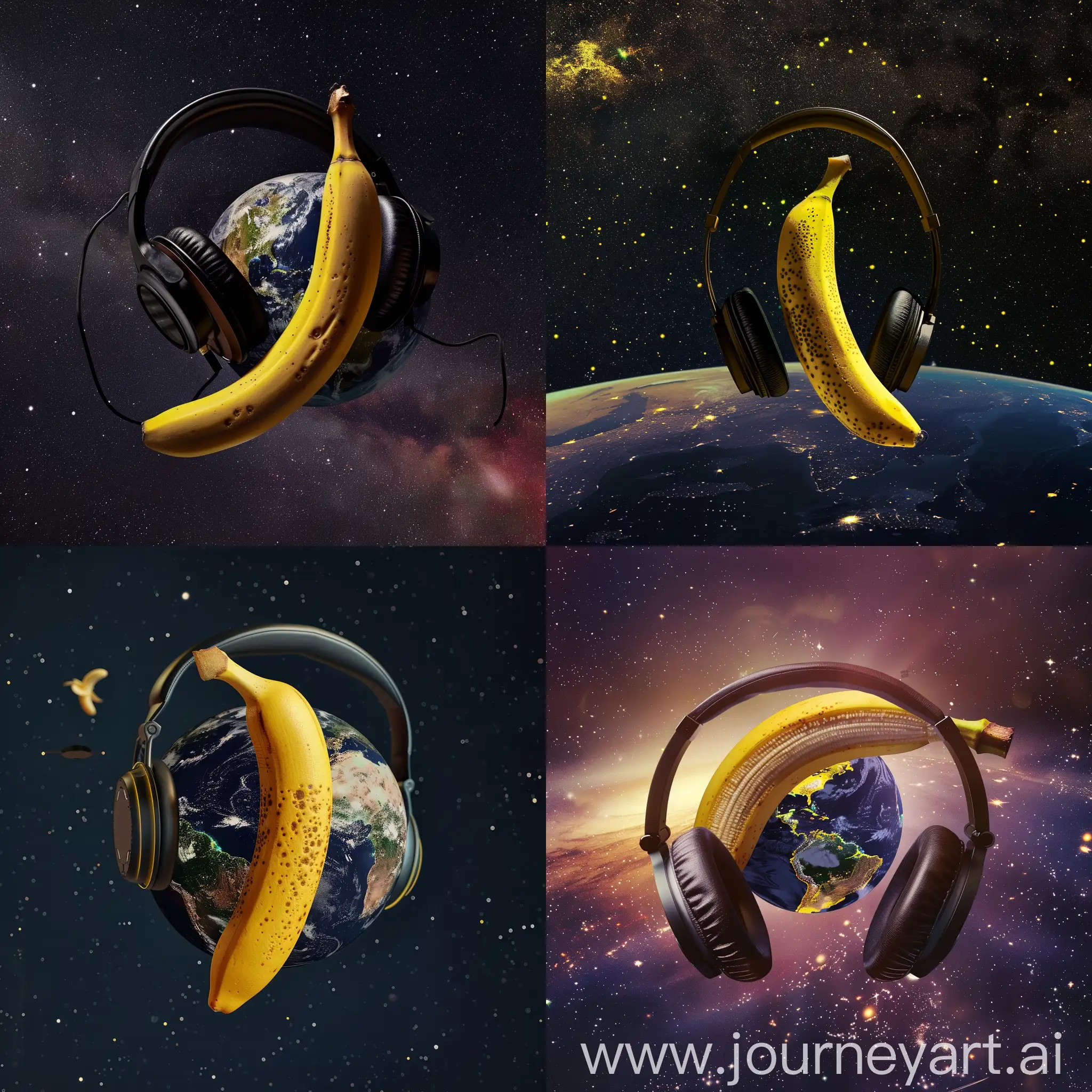 photorealistic banana in space against the background of the earth in headphones, minimalism