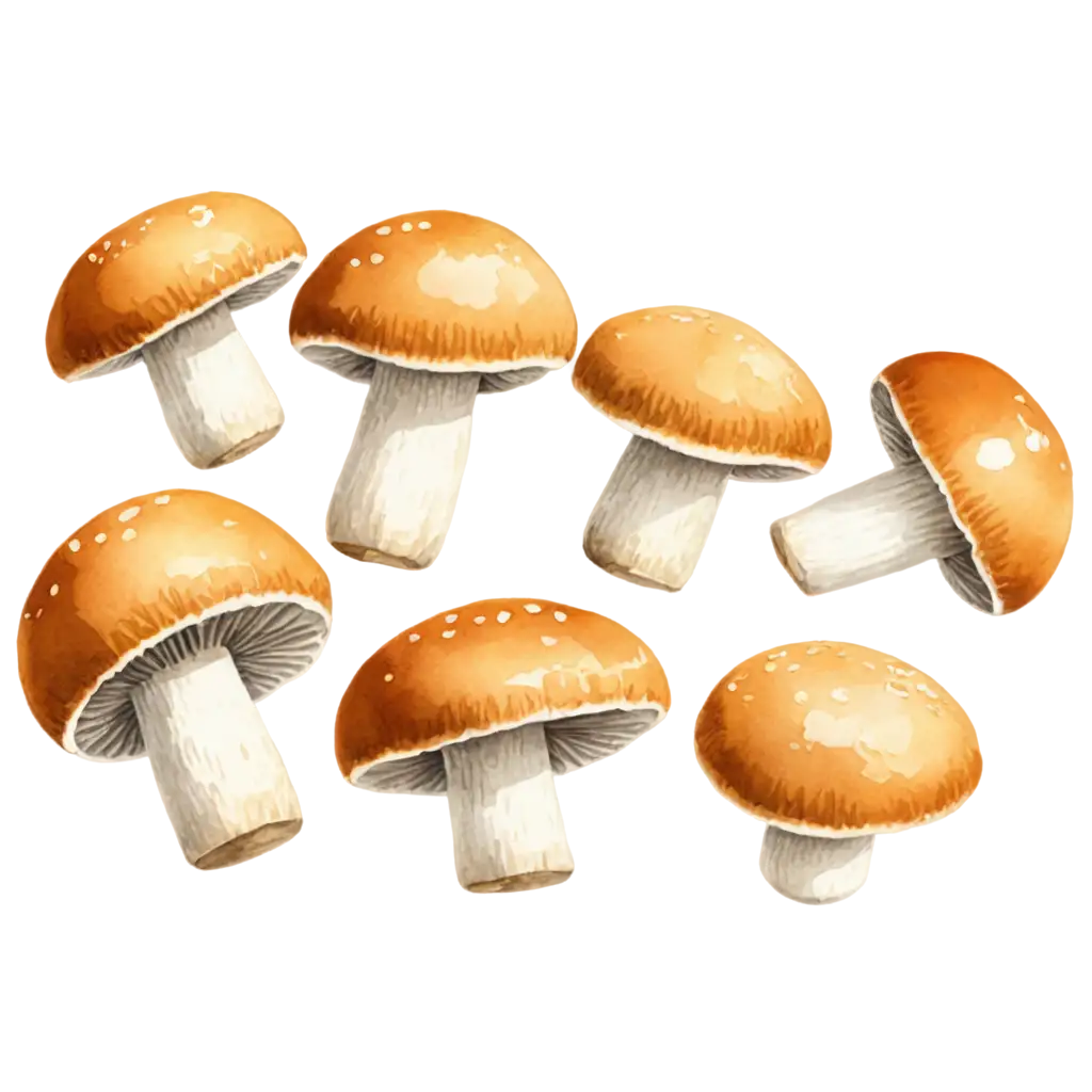 Watercolor mushroom slices and whole mushroom