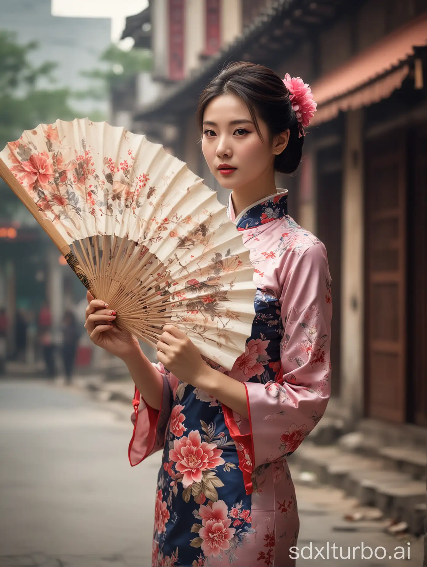Qipao woman, holding a fan, Republican style street background, light breeze sweeps, her eyes reflect a hint of anticipation.