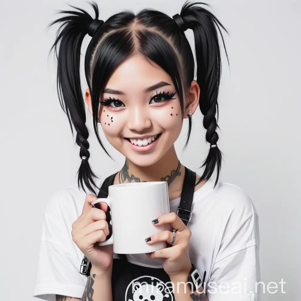 sexy asian punk girl with pigtails with light makeup piercing smiling with a square white mug on a white background
