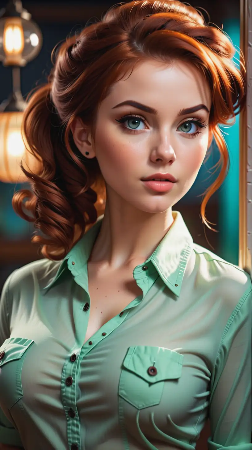 Vintage Pin Up Girl Kim Possible Alluring Beauty in ButtonDown Shirt and Messy Updo