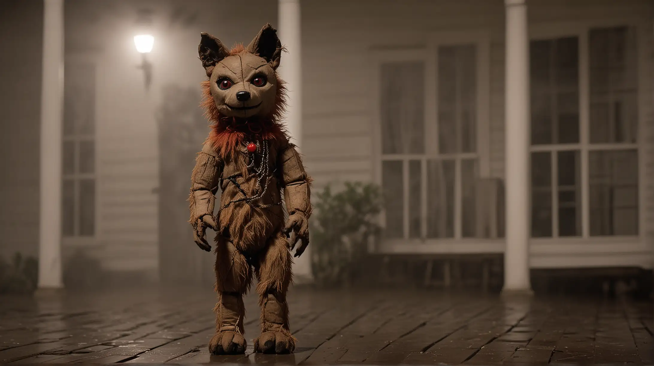 Voodoo Wolf Doll on Louisiana Plantation Mansion Porch at Night