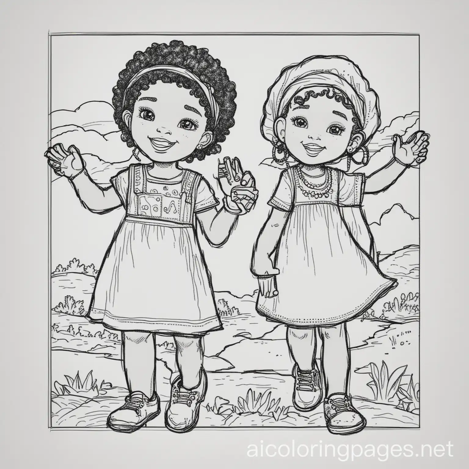 2 africian american children celebrating juneteenth outline, Coloring Page, black and white, line art, white background, Simplicity, Ample White Space. The background of the coloring page is plain white to make it easy for young children to color within the lines. The outlines of all the subjects are easy to distinguish, making it simple for kids to color without too much difficulty, Coloring Page, black and white, line art, white background, Simplicity, Ample White Space. The background of the coloring page is plain white to make it easy for young children to color within the lines. The outlines of all the subjects are easy to distinguish, making it simple for kids to color without too much difficulty