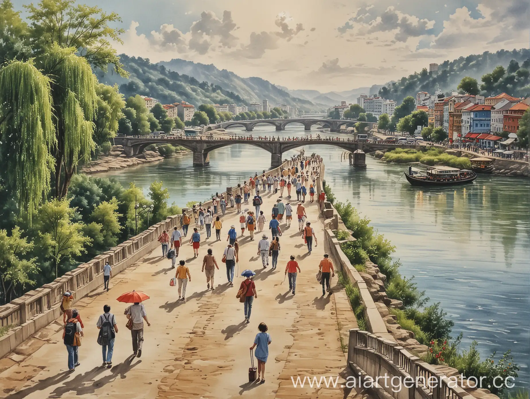 draw tourists walking along the river in this picture