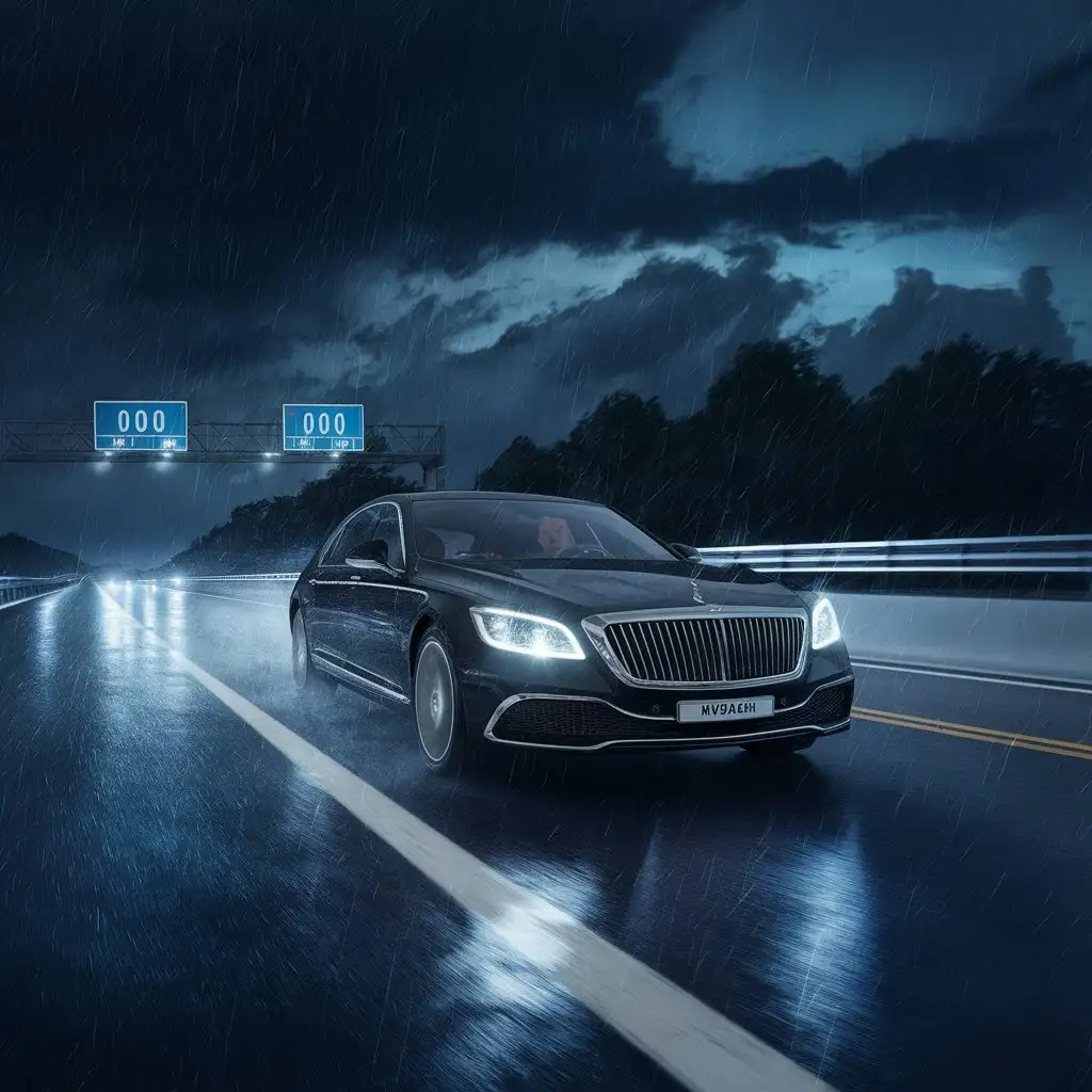 A black Mercedes is driving on a highway labeled 000, on a rainy night.