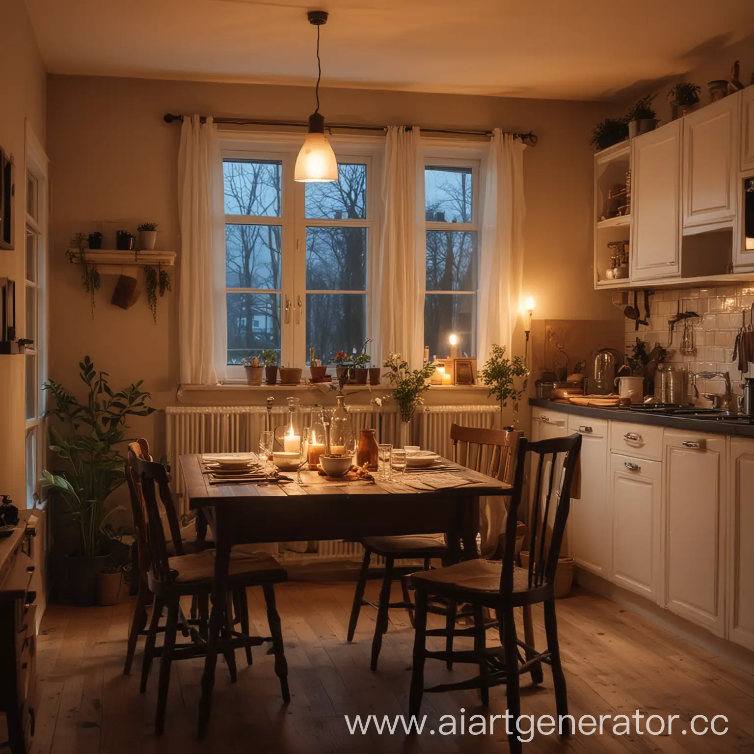 Уютная атмосферная кухня, вечер, накрытый стол