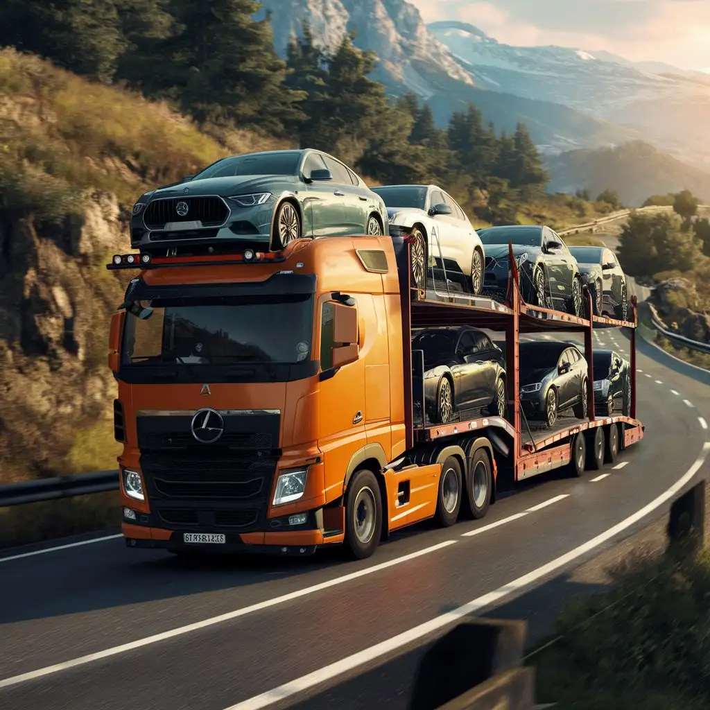 video game screenshot showing a Orange European truck driving on a road, transporting Cars delivery in its trailer, set in a natural environment.
