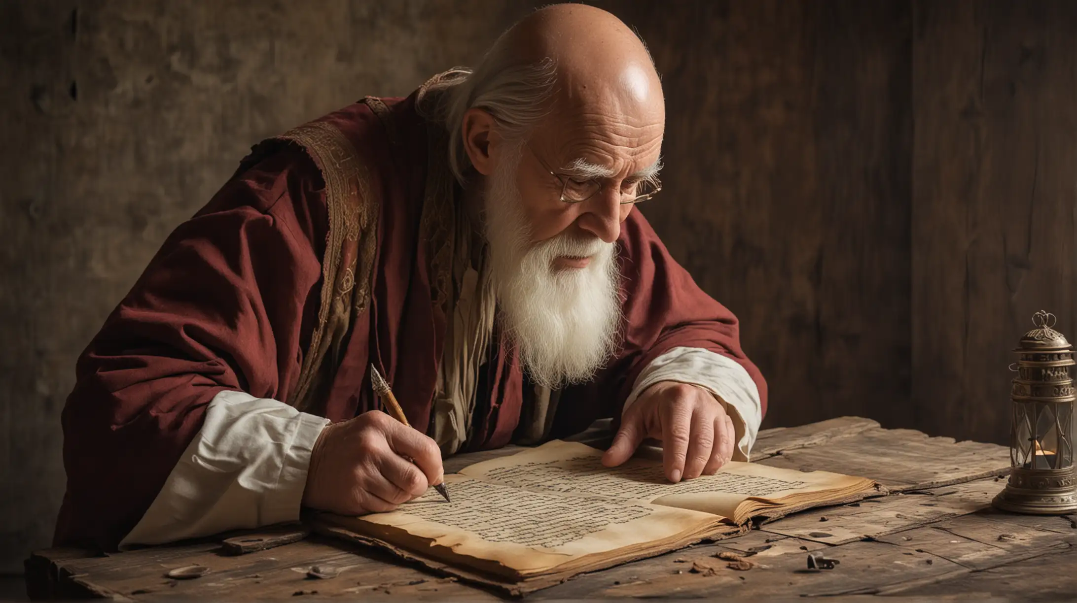 Old Wise Man Writing on Ancient Manuscript at Weathered Wooden Desk