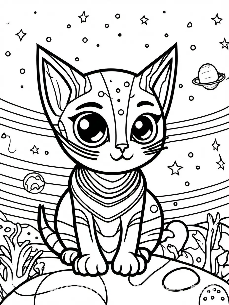 an alien cat, Coloring Page, black and white, line art, white background, Simplicity, Ample White Space. The background of the coloring page is plain white to make it easy for young children to color within the lines. The outlines of all the subjects are easy to distinguish, making it simple for kids to color without too much difficulty, Coloring Page, black and white, line art, white background, Simplicity, Ample White Space. The background of the coloring page is plain white to make it easy for young children to color within the lines. The outlines of all the subjects are easy to distinguish, making it simple for kids to color without too much difficulty, Coloring Page, black and white, line art, white background, Simplicity, Ample White Space. The background of the coloring page is plain white to make it easy for young children to color within the lines. The outlines of all the subjects are easy to distinguish, making it simple for kids to color without too much difficulty