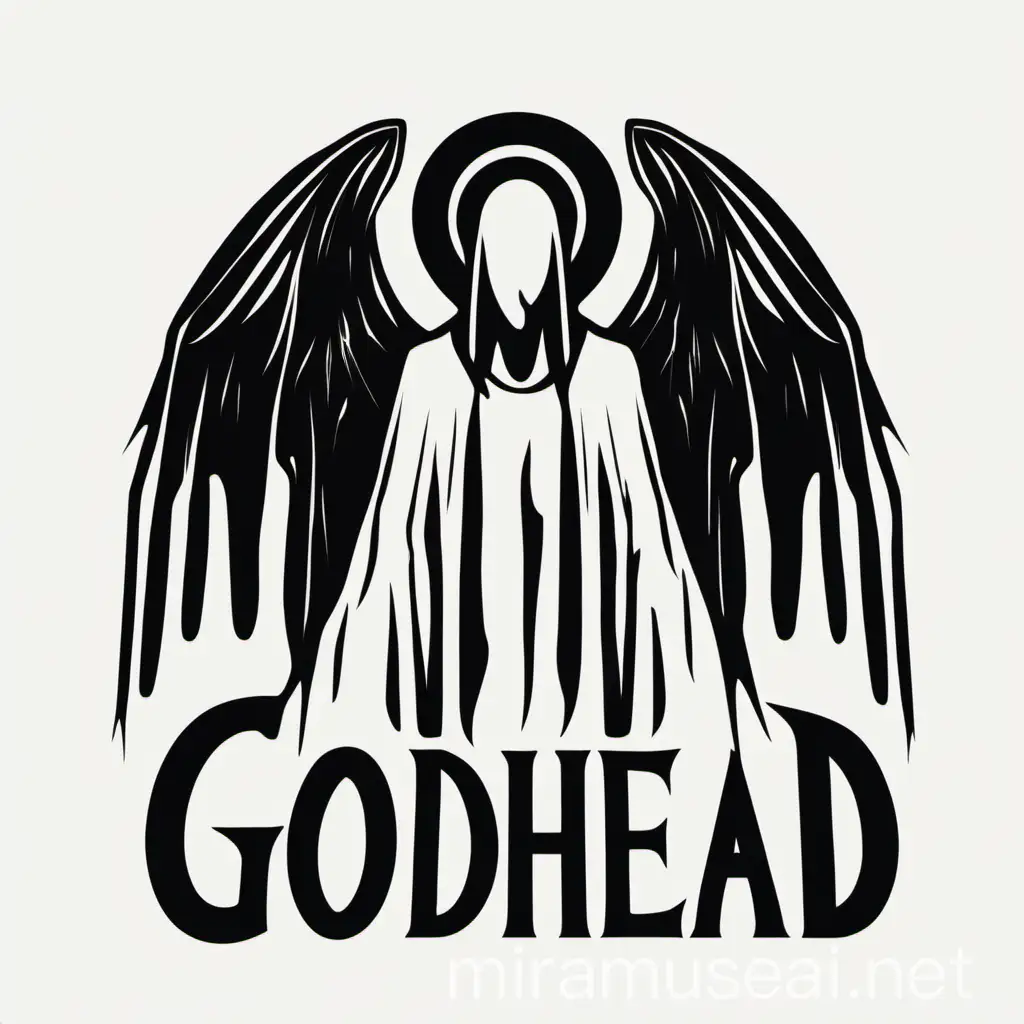Logo for dark clothing company Godhead, the main idea is angel silhouettes