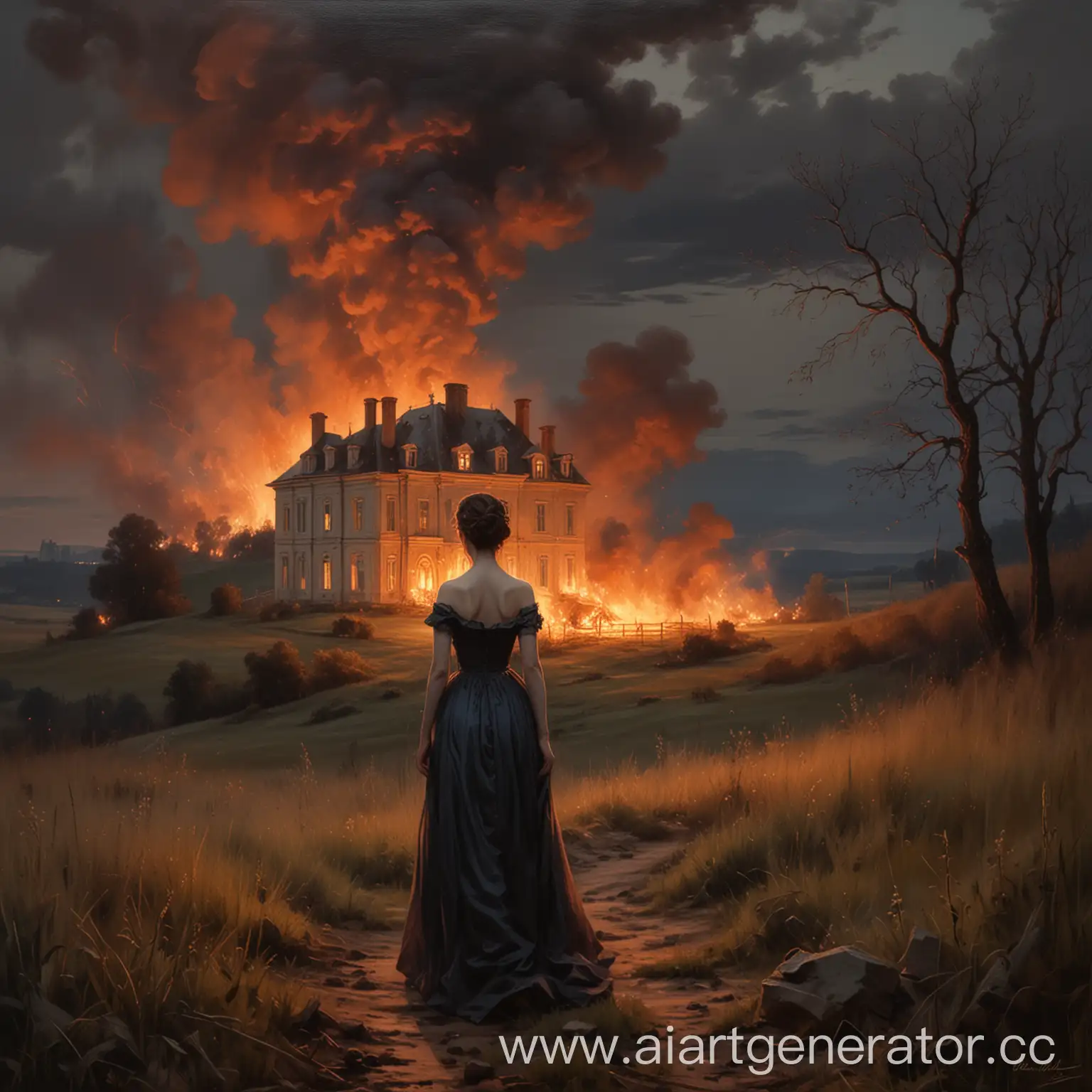 Картина маслом в стиле классицизм, сумерки, горит поместье в поле на холме, женская фигура в ужасе смотрит на пожар, зернистость