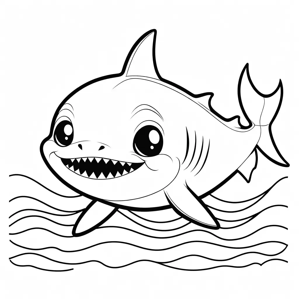 cute shark
, Coloring Page, black and white, line art, white background, Simplicity, Ample White Space. The background of the coloring page is plain white to make it easy for young children to color within the lines. The outlines of all the subjects are easy to distinguish, making it simple for kids to color without too much difficulty