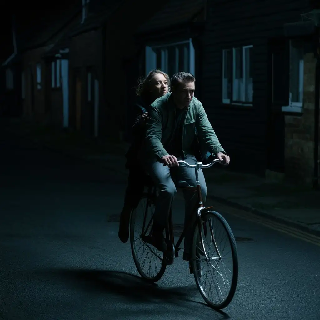 近乎深夜、黑的街上，一对年轻人于一辆自行车上，似乎男的送坐在自行车后座上的女的回家。男的骑、女的背包、侧身坐。他们于画面是背影。他们占画面八分之一。街很窄。两边是低矮的房子。全景。