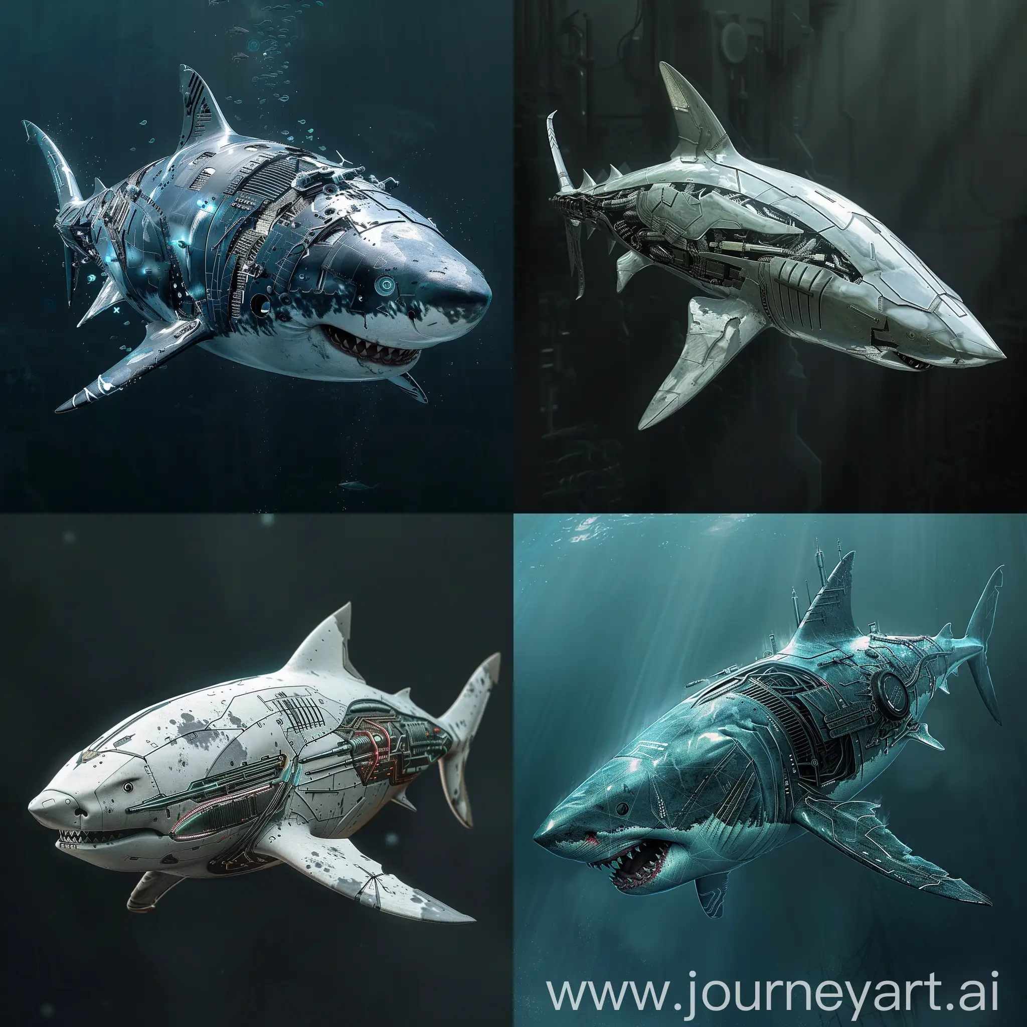 Futuristic white shark, Prey-Locating Nanobots (Minsky), Electromagnetic Cartilage (Sharknado 2: The Second One), Echolocation Cannon (A Quiet Place), Adaptive Camouflage Skin (Predators), Neural Interface (The Matrix), Bio-Regenerative Tissue (Ex Machina), Internal Sonar Mapping (Sphere), Heat-Seeking Tentacles (Mimic), Symbiotic Bioluminescent Bacteria (Avatar), Electroreception Boost (Sense8), Kinetic Camouflage Plating (Primer), Magnetic Fin Propulsion (Turbo Kid), Hydrodynamic Ramjet Gills (The Fountain), Integrated Weaponized Remoras (Sunshine), Bioluminescent Warning Stripes (Tucker & Dale vs Evil), Multi-Sensory Snout (Mandy), Retractable Drill Teeth (Upgrade), Hydrodynamic Noise Cancelling (Sound of My Voice), Symbiotic Bioluminescent Crustaceans (Spring), Hypnotic Eye Patterns (Annihilation), unreal engine 5, 4K-UHD, 8K-UHD, super-hi vision, soft shadows, soft reflections, soft lighting, soft light, soft details, hard shadows, hard reflections, hard lighting, hard light, hard details --stylize 1000