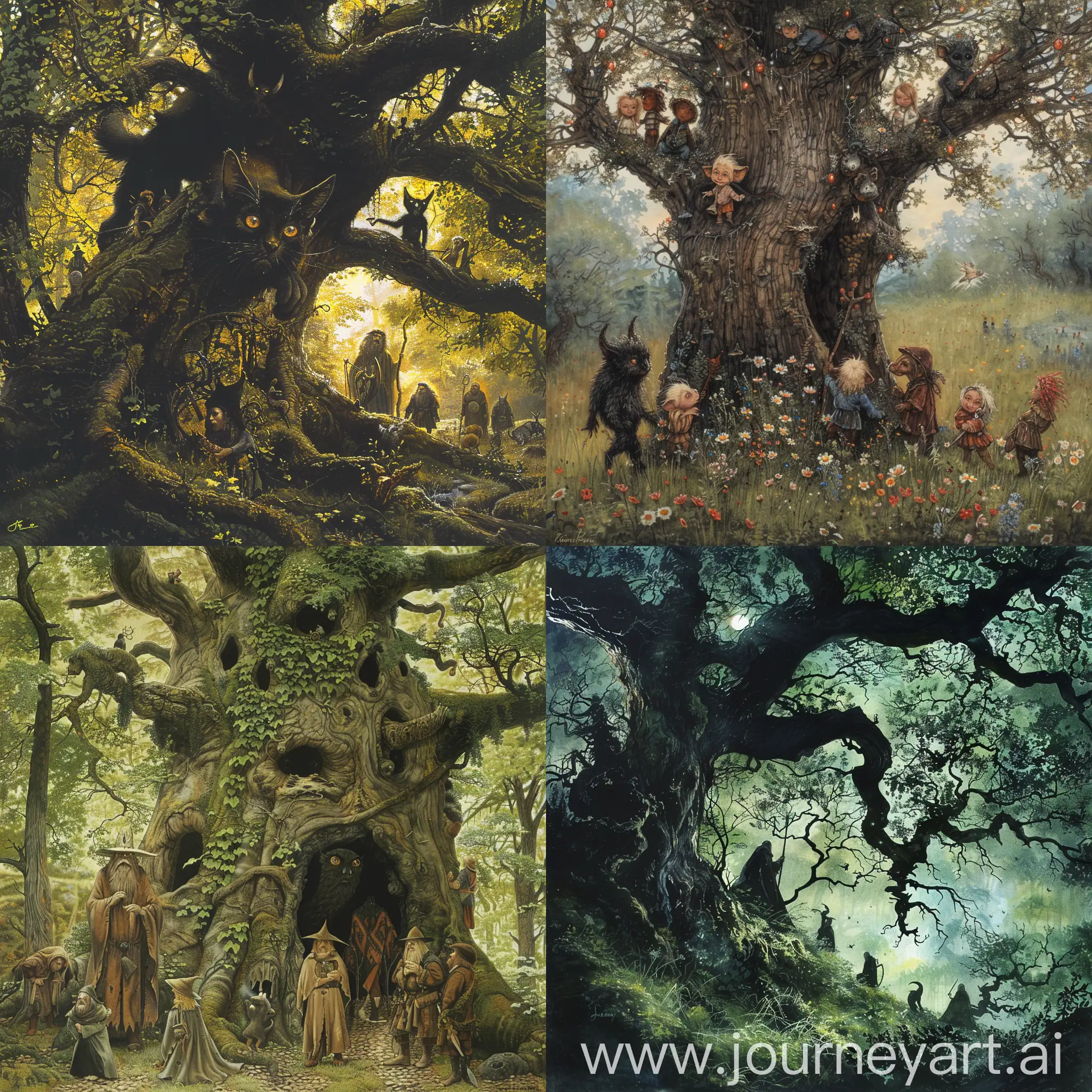 Enchanted-Forest-Scene-with-Druids-and-Black-Imp-on-Oak-Tree