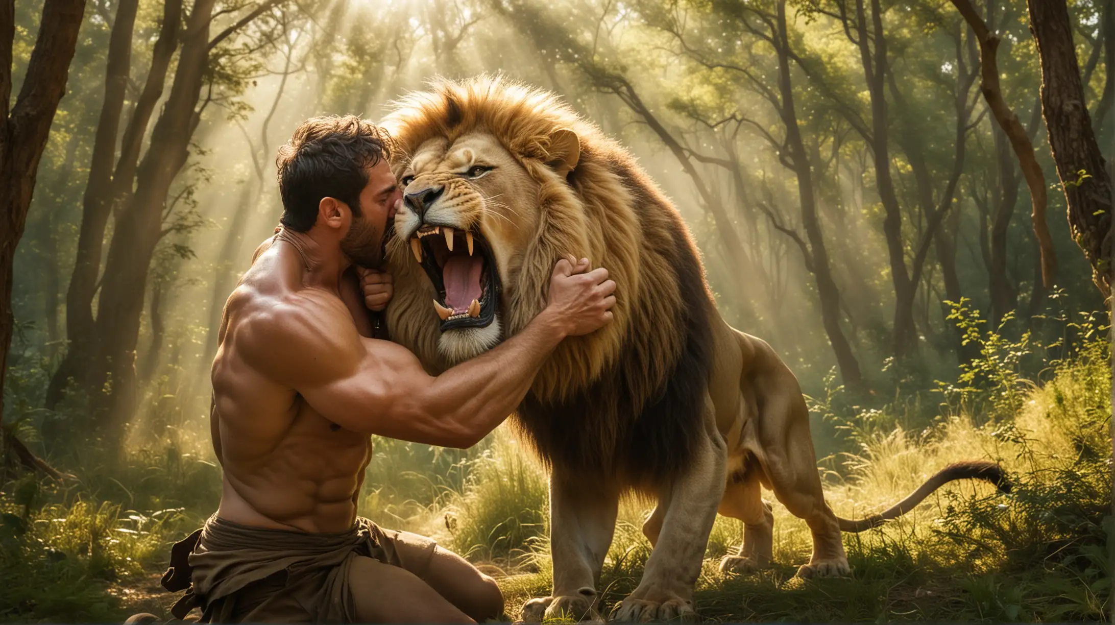 Man Strangling the Lion in a Forest Clearing: Show a muscular Greek hero, a man with bulging biceps and a determined expression, grappling with the lion. The lion, with its golden fur and fearsome fangs, struggles fiercely. The scene is set in a dense forest clearing with sunlight filtering through the trees.