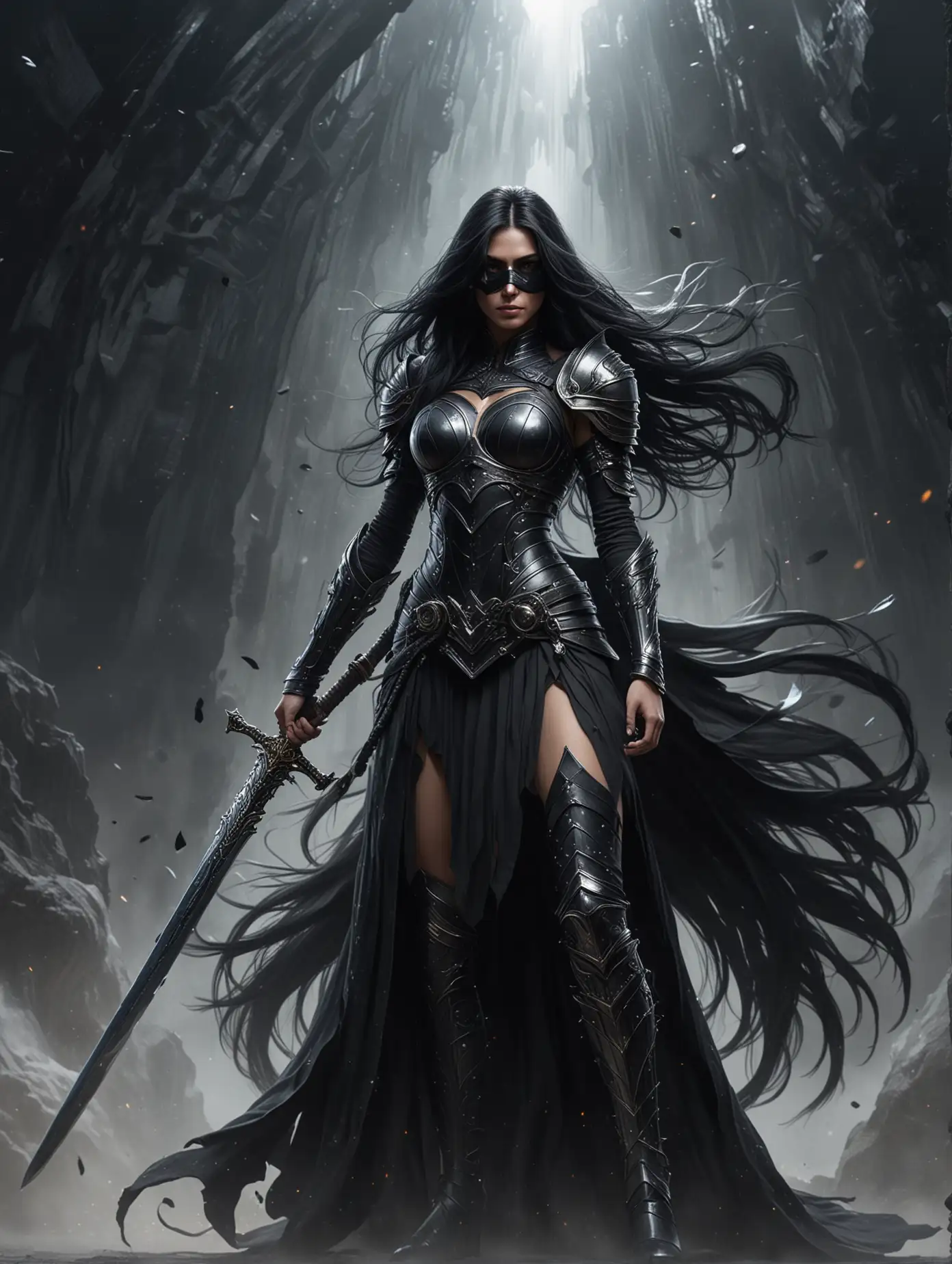 На фоне черной дыры в полный рост стоит красивая женщина воин, она жрица, в руке у нее большой меч. У женщины длинные черные волосы. На женщине одежда с доспехами черного цвета, которая развивается на ветру.  На Лицо женщины  надета черная  металлическая маска.