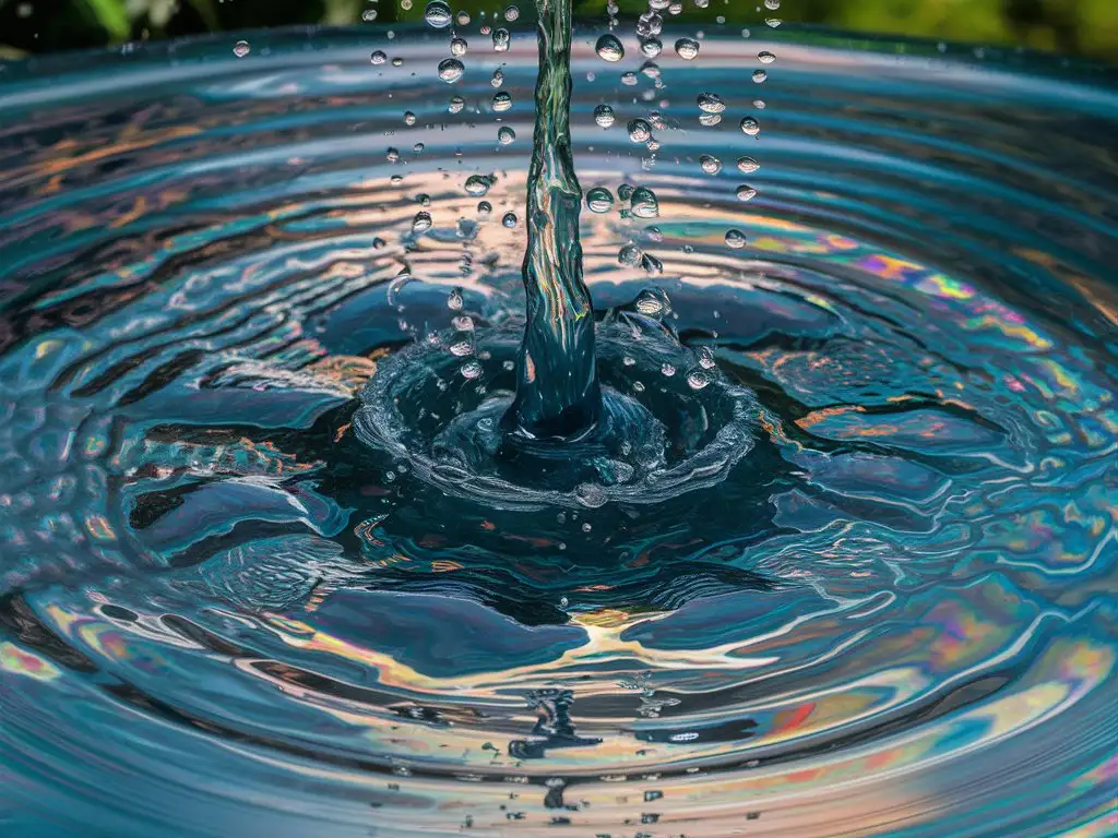 water droplets hitting the surface of iridescent water rippling outwards close up