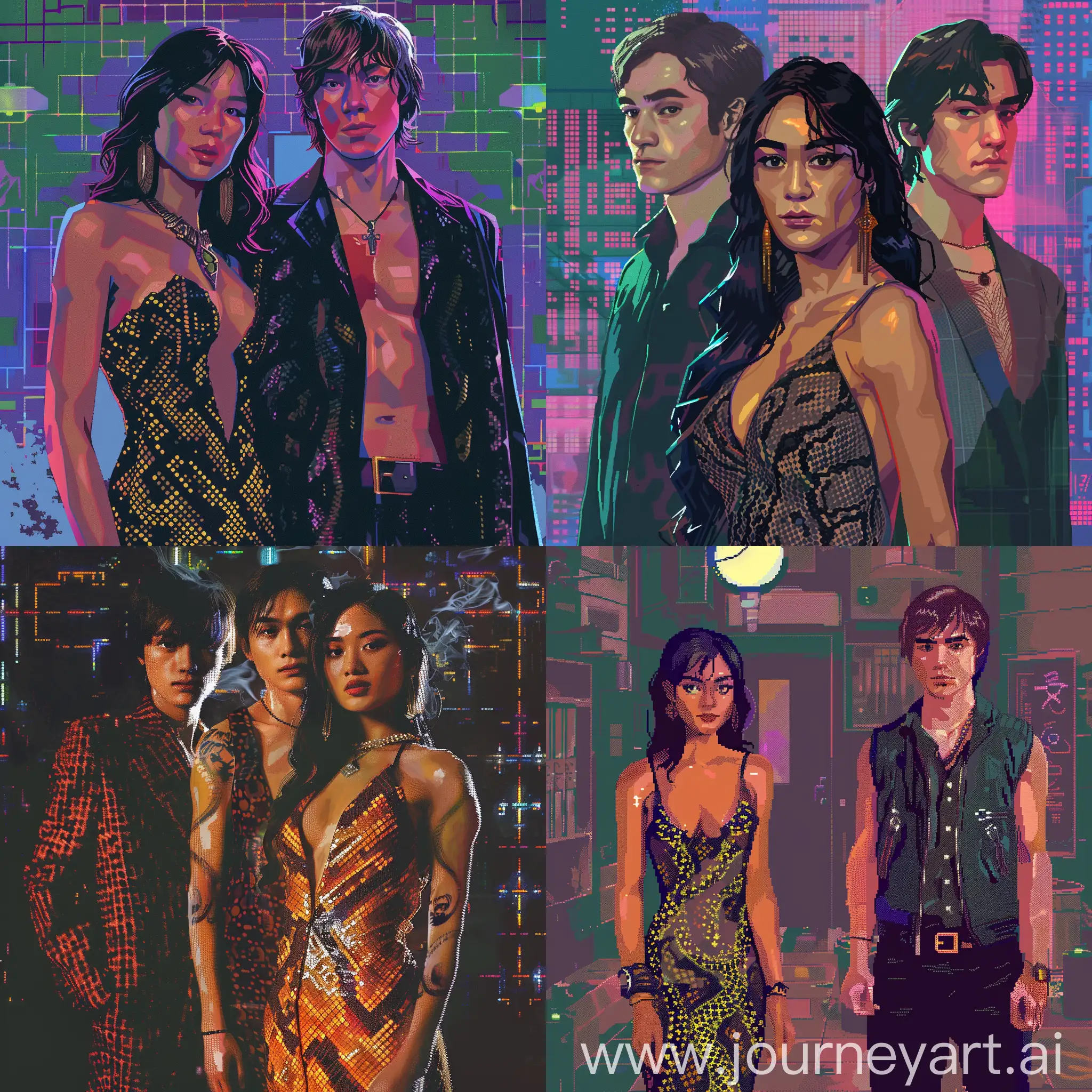 gta vice city style, (Imagine a loading screen with pixelated graphics and a synthwave soundtrack playing in the background), Nagini Maledictus, asian woman in snake dress and young British European man Tom Riddle