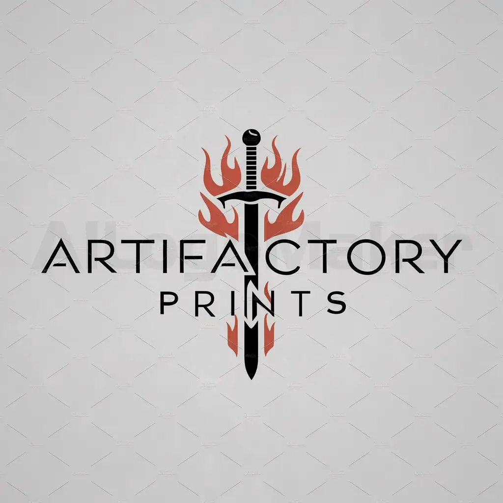 a logo design,with the text "Artifactory Prints", main symbol:Burning sword,Minimalistic,be used in Prop making
 industry,clear background
