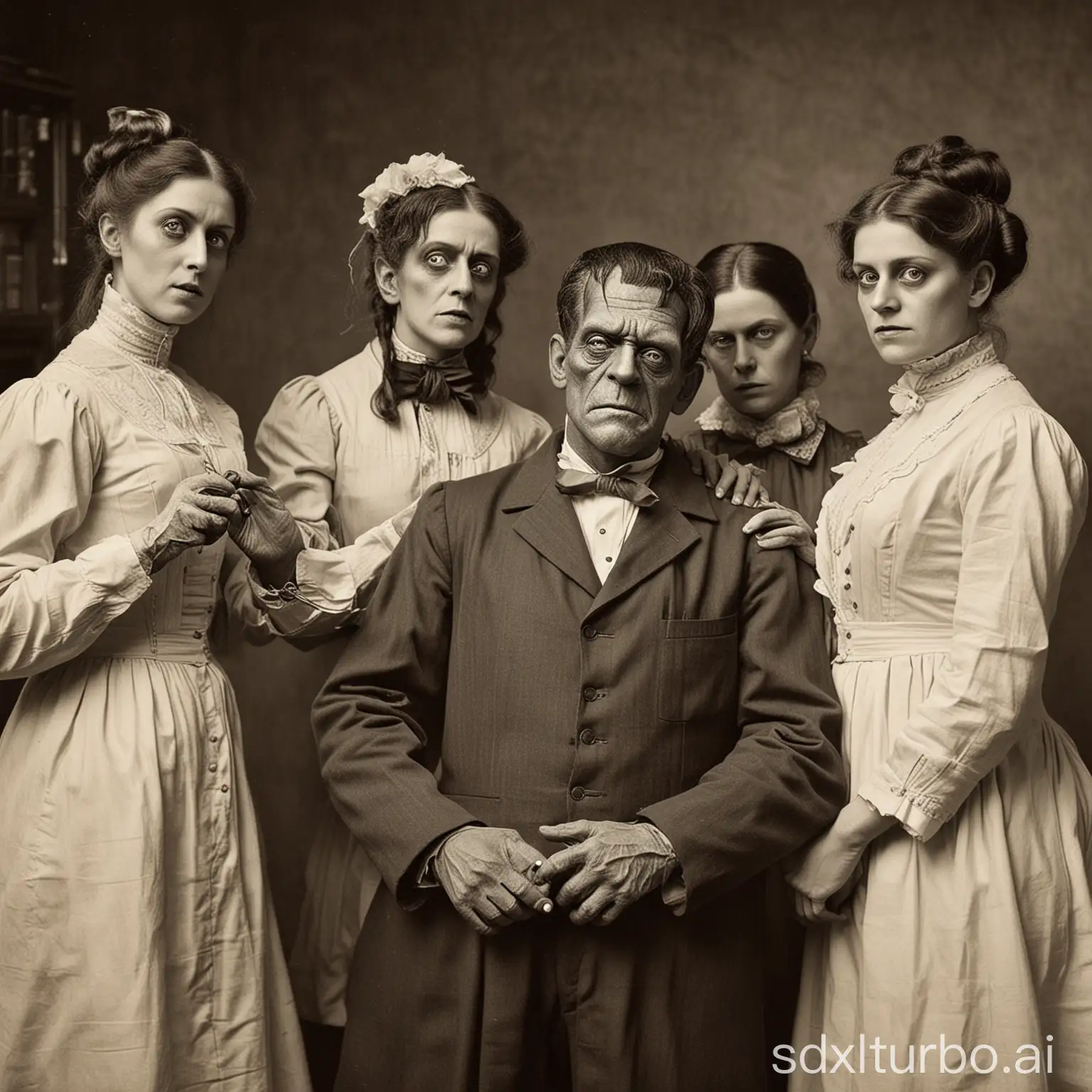 Victorian people being turned into Frankenstein monsters by a mad scientist.