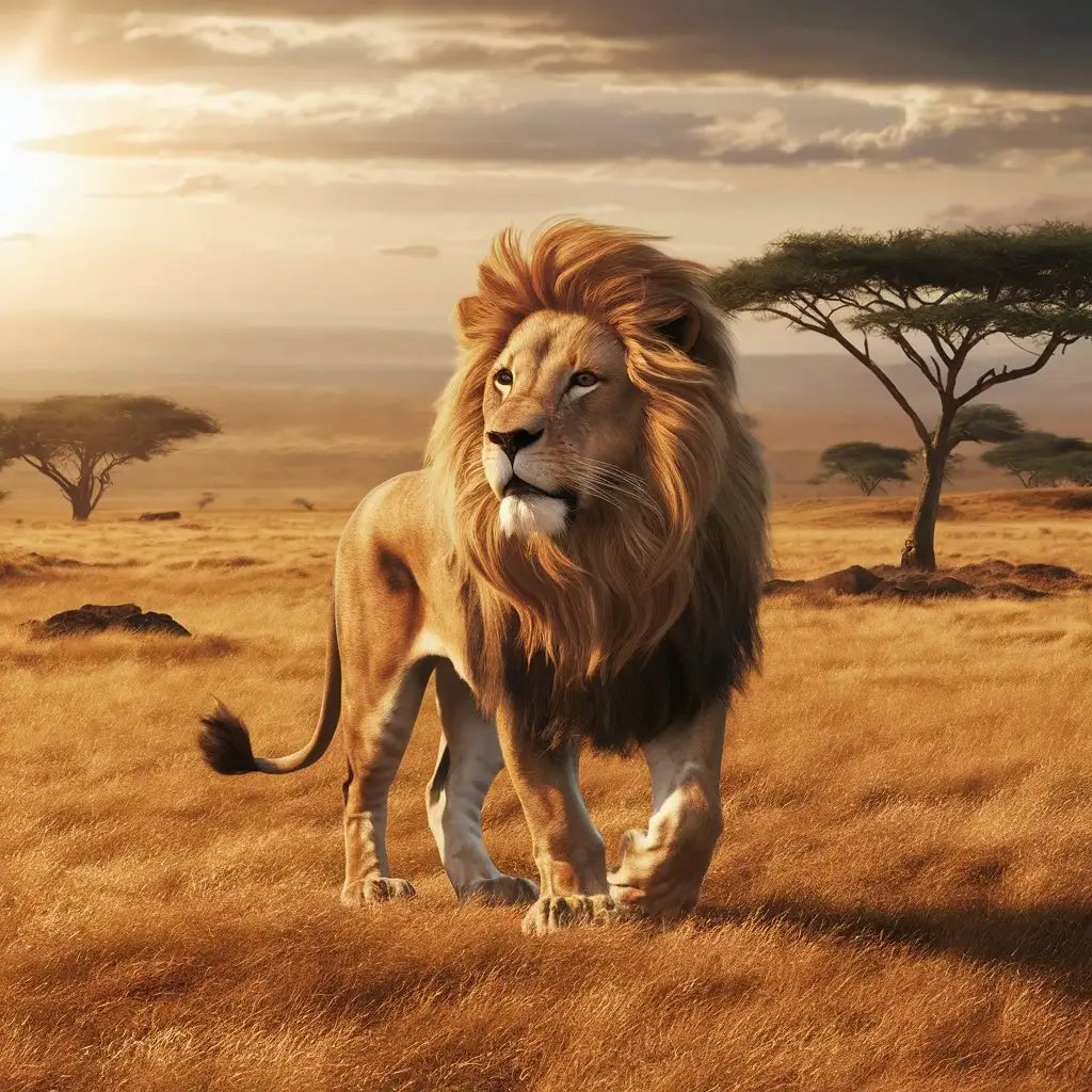 A majestic lion with a flowing mane, standing proudly on a savanna.