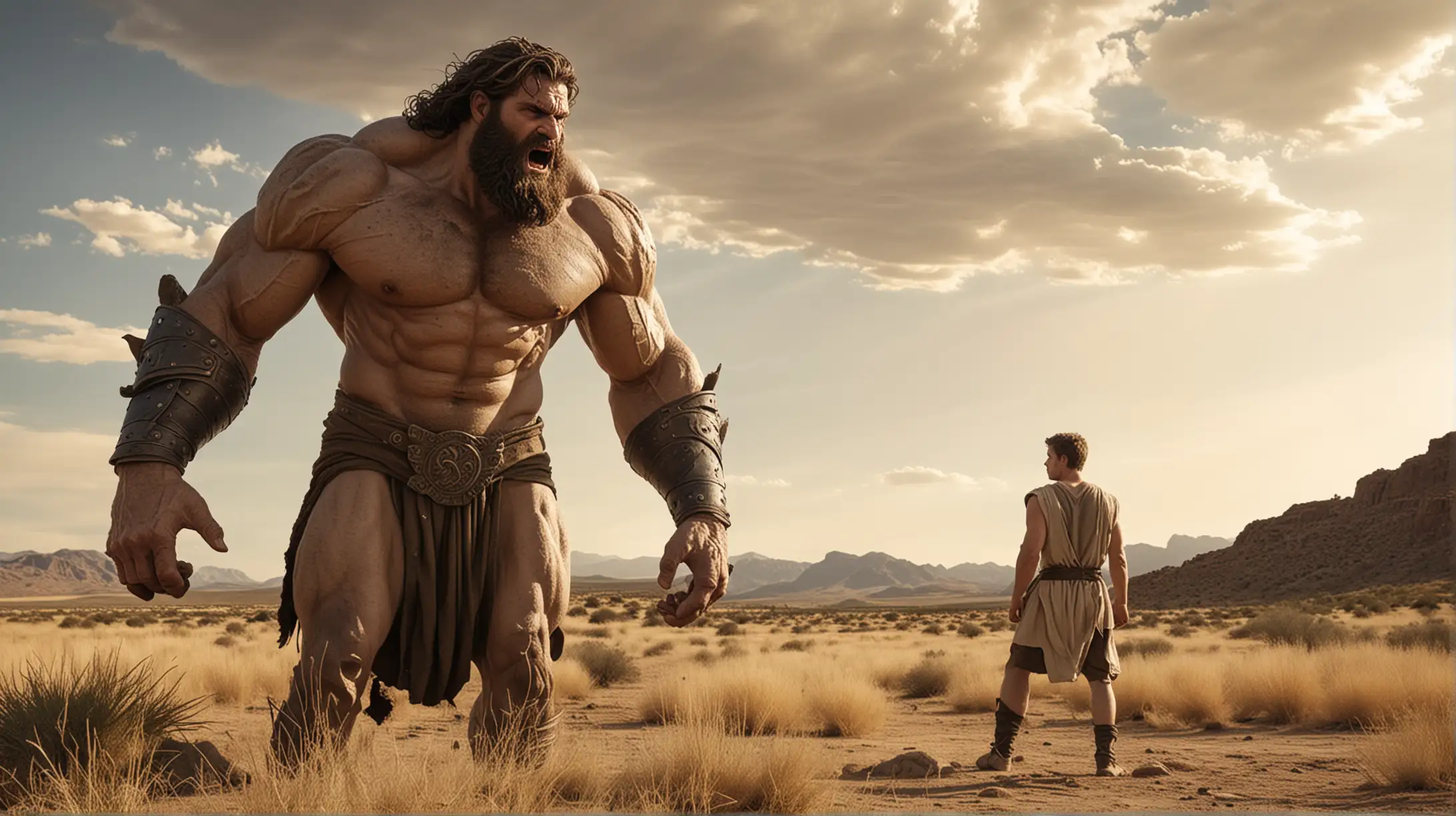 A Biblical Giant Goliath facing a handsome 25 year old man . Set in the Desert Fields, During the Biblical Era of Samuel.