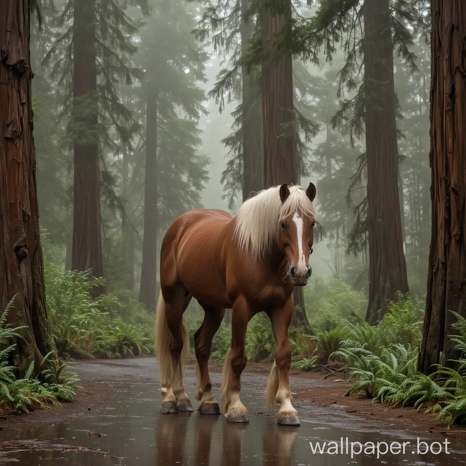 draft horse in a redwood forest on a rainy morning in  redwood forest