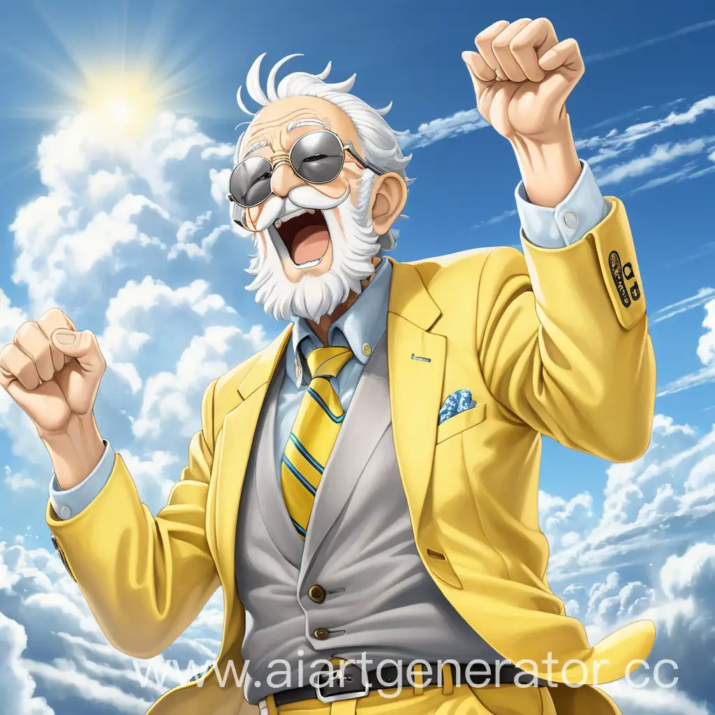 Аниме дед, с  бородой, седой, фон облака, дед кричит, дед в желтом пиджаке и солнце защитные очки 
