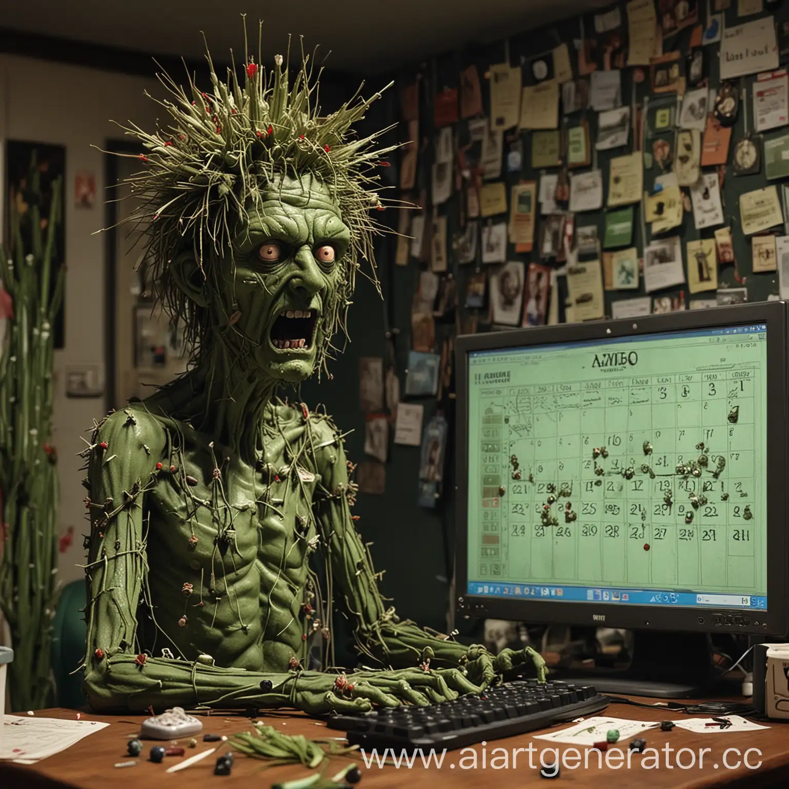 Зеленый человек с иголками по всему телу, похожий на кактус, сидит за компьютером, на экране компьютера игра про зомби, а он с удивлённым лицом смотрит на рядом висящий календарь, где в кружок обведена дата 20 апреля с подписью «Видео».