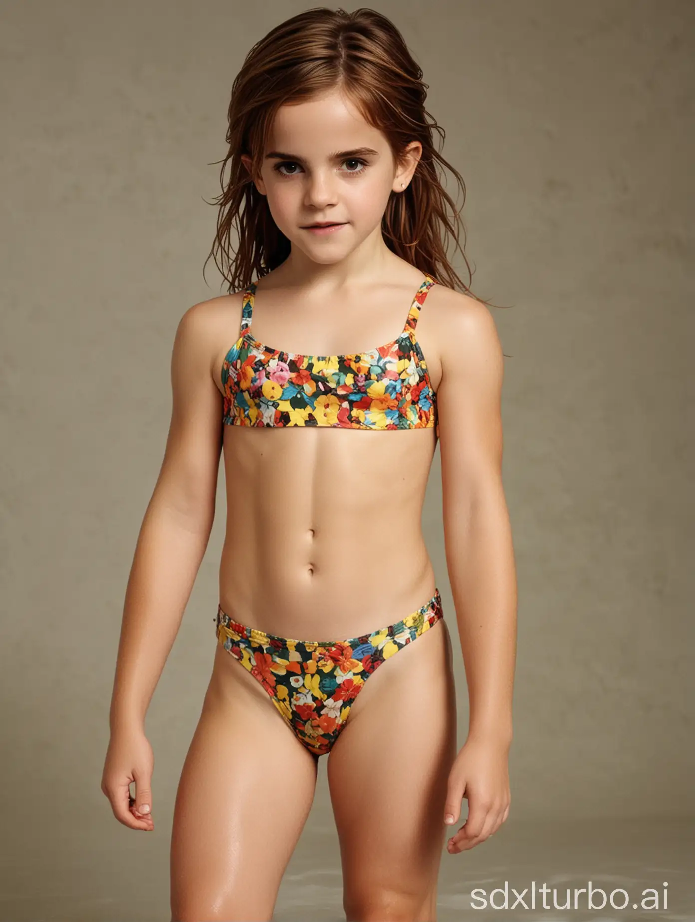 Emma Watson at 6 years old, long hair, very muscular abs, bathingsuit