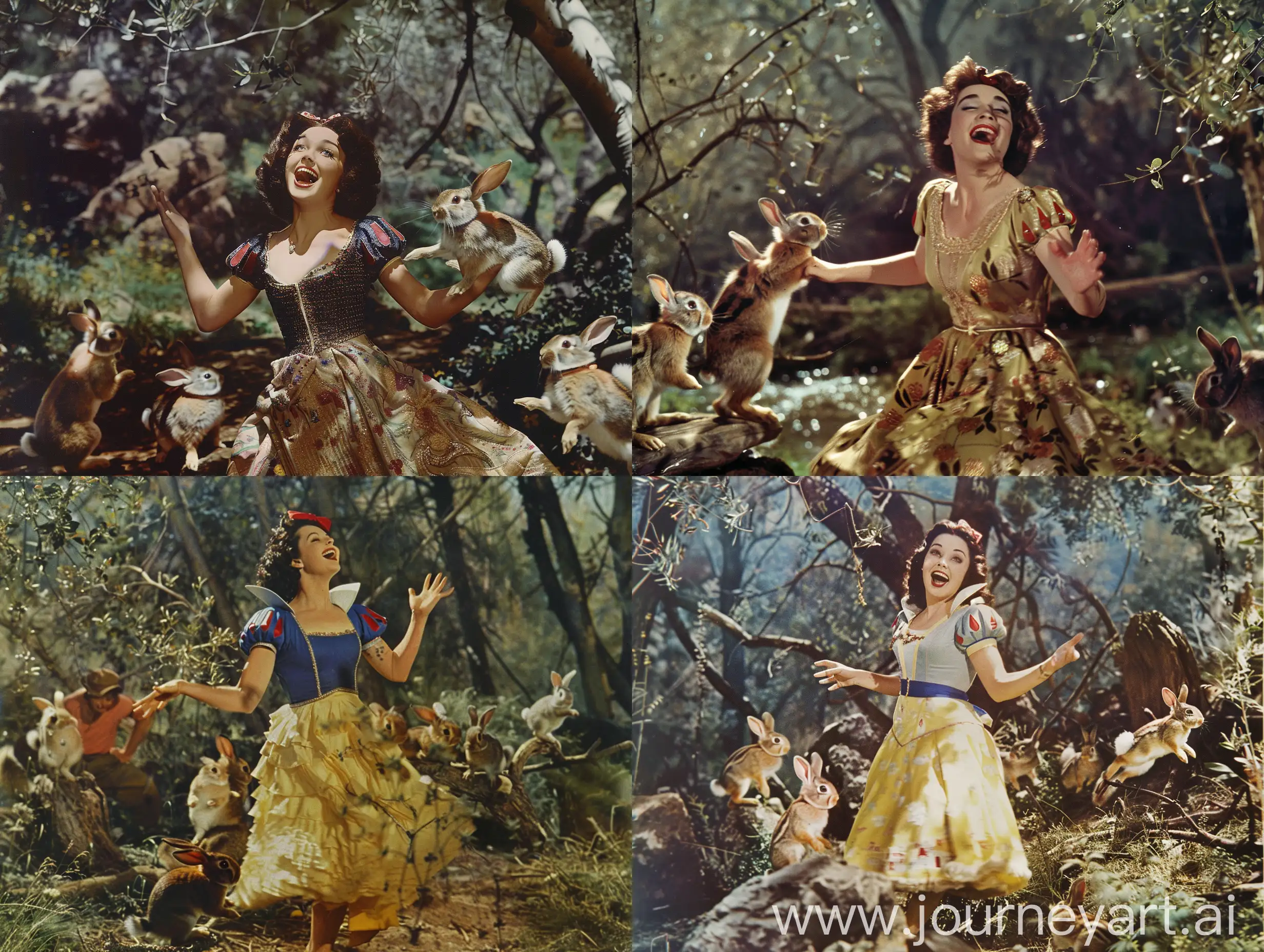 Elizabeth Taylor happy as Snow White, full body. Singing and dancing in the forest, rabbits and chipmunks running happily around her. 1950s Super Panavision 70, color picture, vintage quality