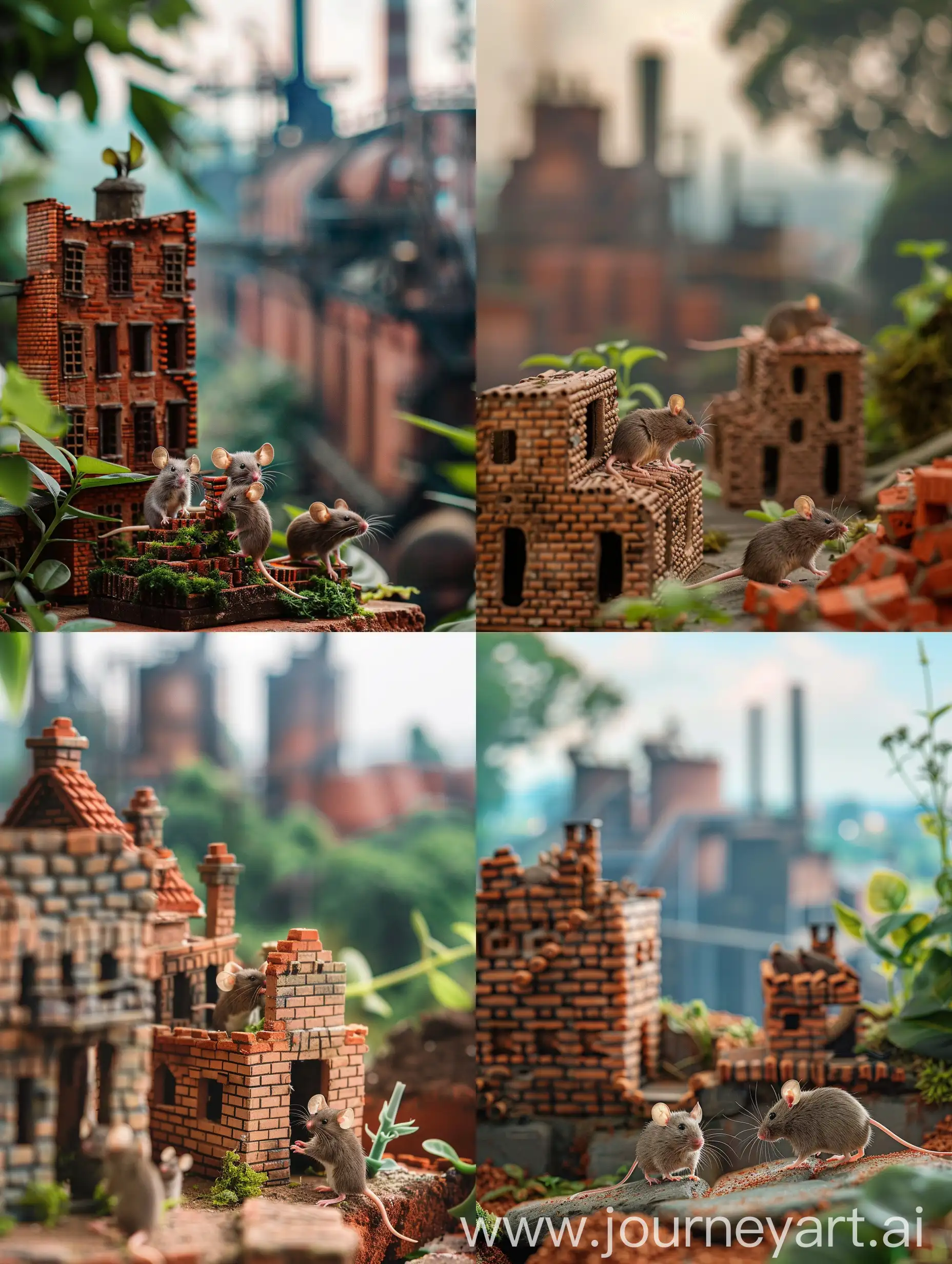 a photo of mice building using bricks as the main material and facade, also the is a brick factory far in the background blurred out, and some trees and green plant in the side of the picture, the photo lighting and coloring shouldnt be very various