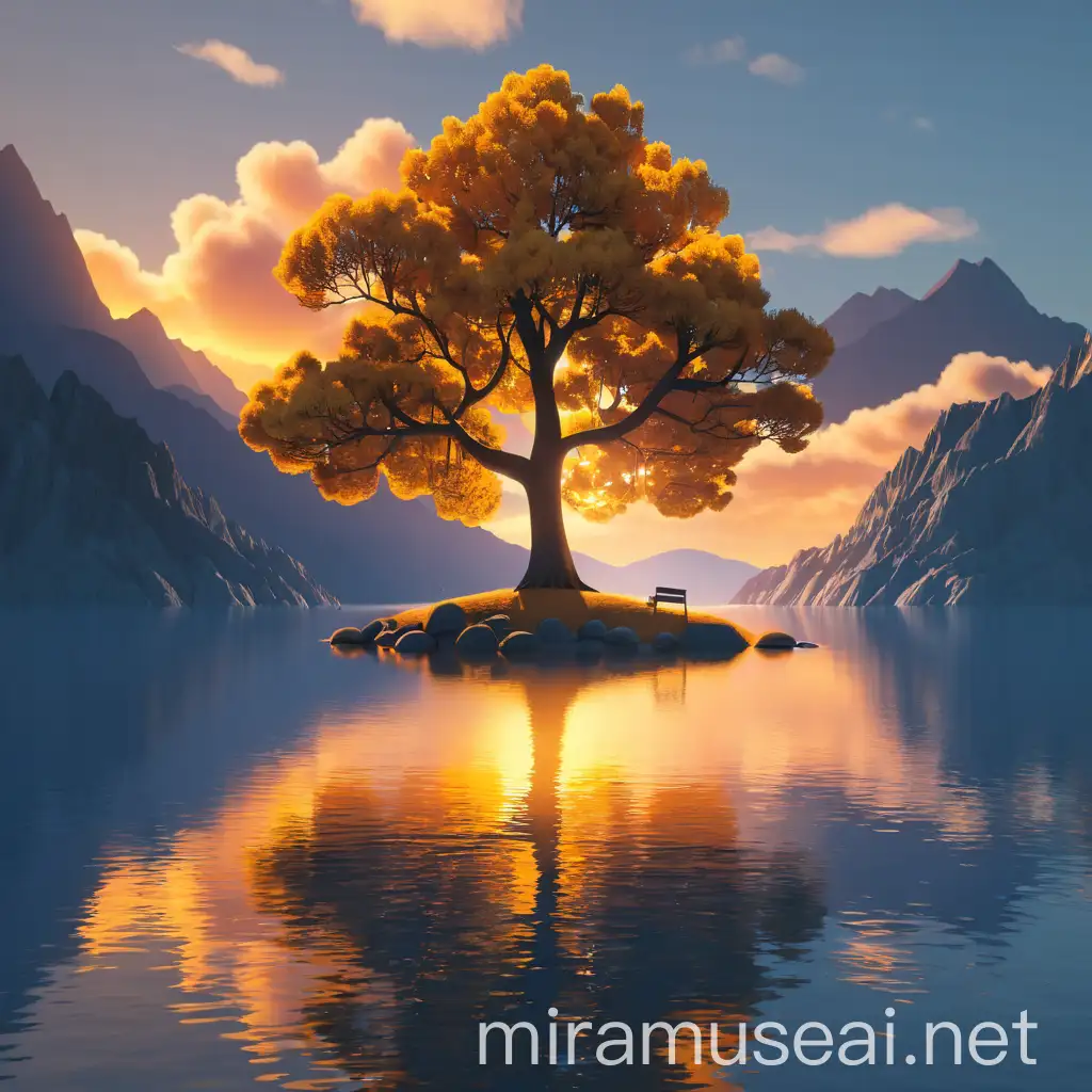 3D 8k minimal reastic illustrator minimal tree in the lake between the mountains and shinning clouds yellow and ornage tree