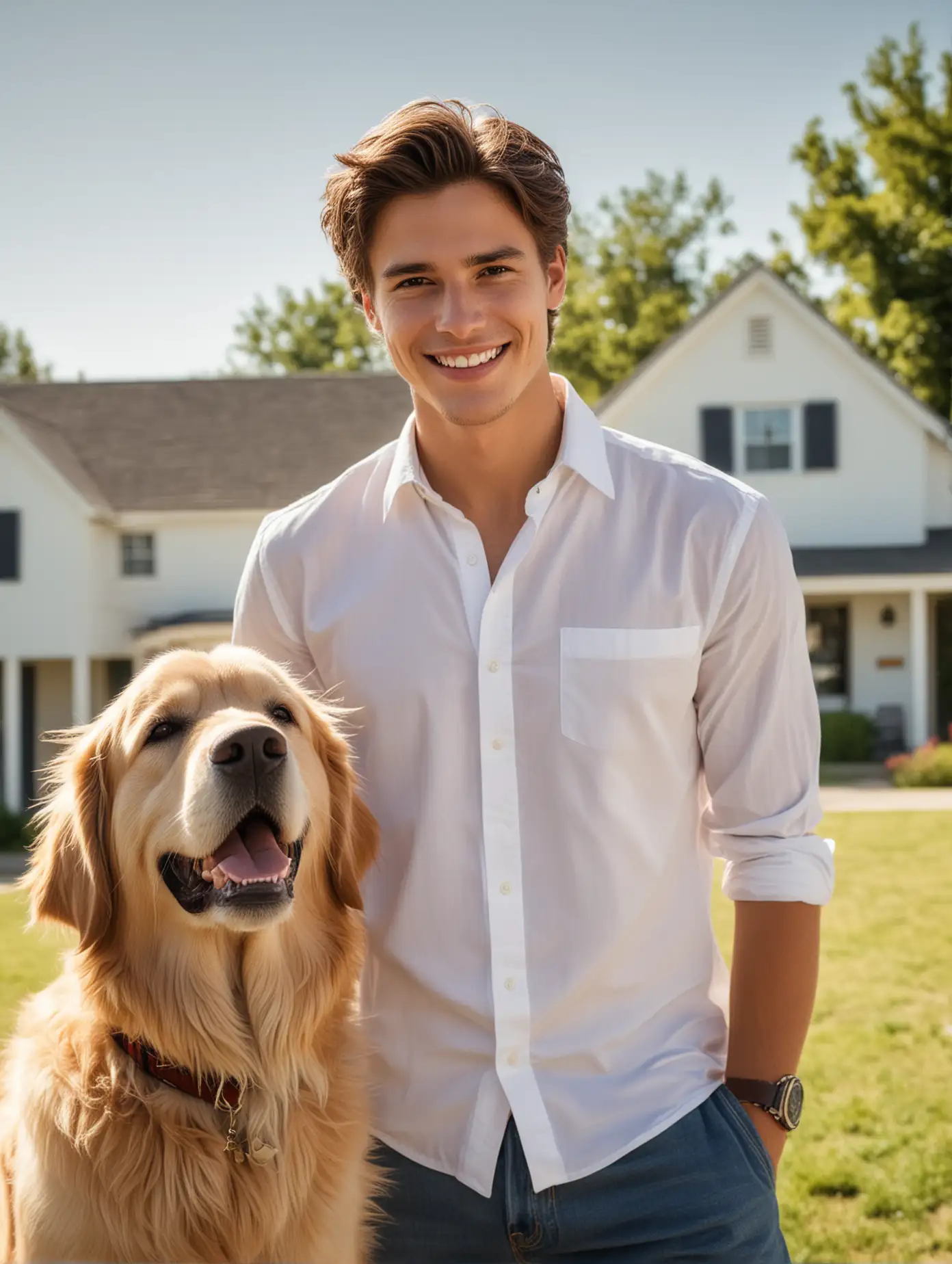 Handsome Young Man and Golden Retriever at Sunny Ranch