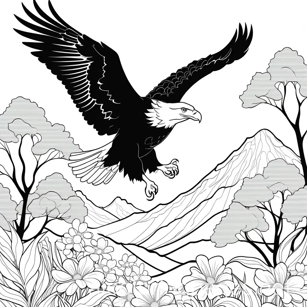 Trees, american eagle flying, flowers, sun, Coloring Page, black and white, line art, white background, Simplicity, Ample White Space