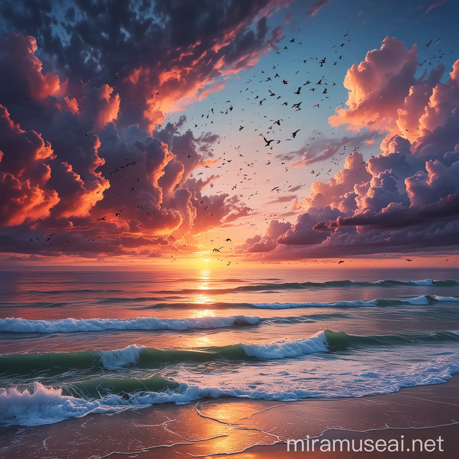 Tranquil Seascape with Vibrant Sky and Soaring Birds