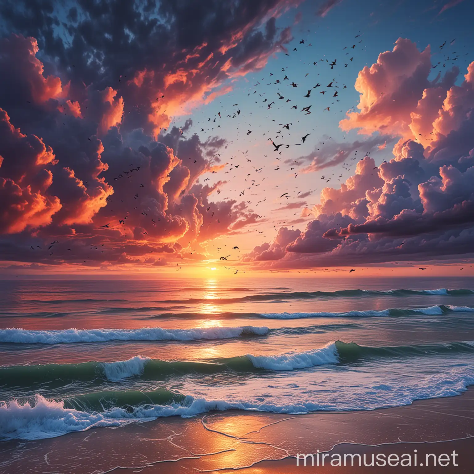 Serene ocean view with vivid sky, include birds 