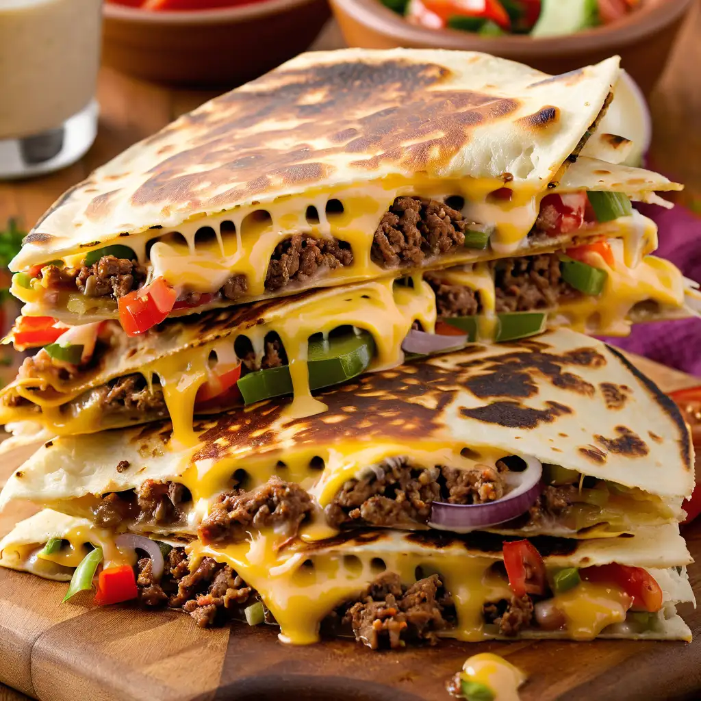 deliciously stacked quesadilla, generously filled with seasoned ground beef, melted cheese, and bits of red and green vegetables, likely peppers and onions. The quesadilla is toasted to a golden brown, showing a crispy exterior which contrasts beautifully with the gooey, melted cheese visible in the layers. This hearty, savory dish is presented in a way that emphasizes its texture and mouth-watering appeal, designed to entice food enthusiasts