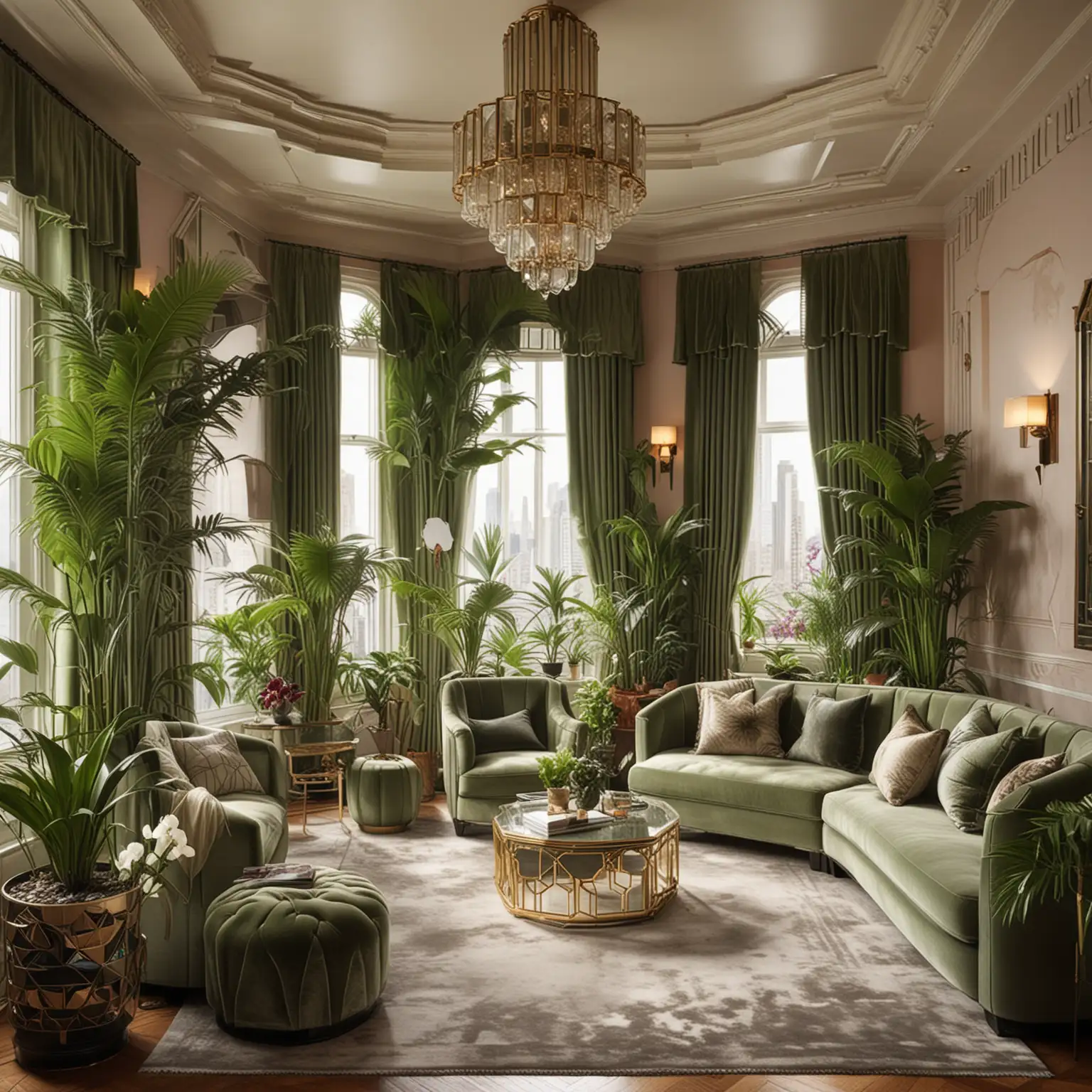 Cozy Yet Spacious Art Deco Sitting Room with Plants: Create a cozy yet spacious sitting room inspired by the Art Deco era. Use geometric patterns, plush velvet furniture, and mirrored surfaces. Incorporate potted palms and orchids for a touch of greenery. The room should have large windows overlooking a city skyline, with glimpses of art deco skyscrapers in the distance.