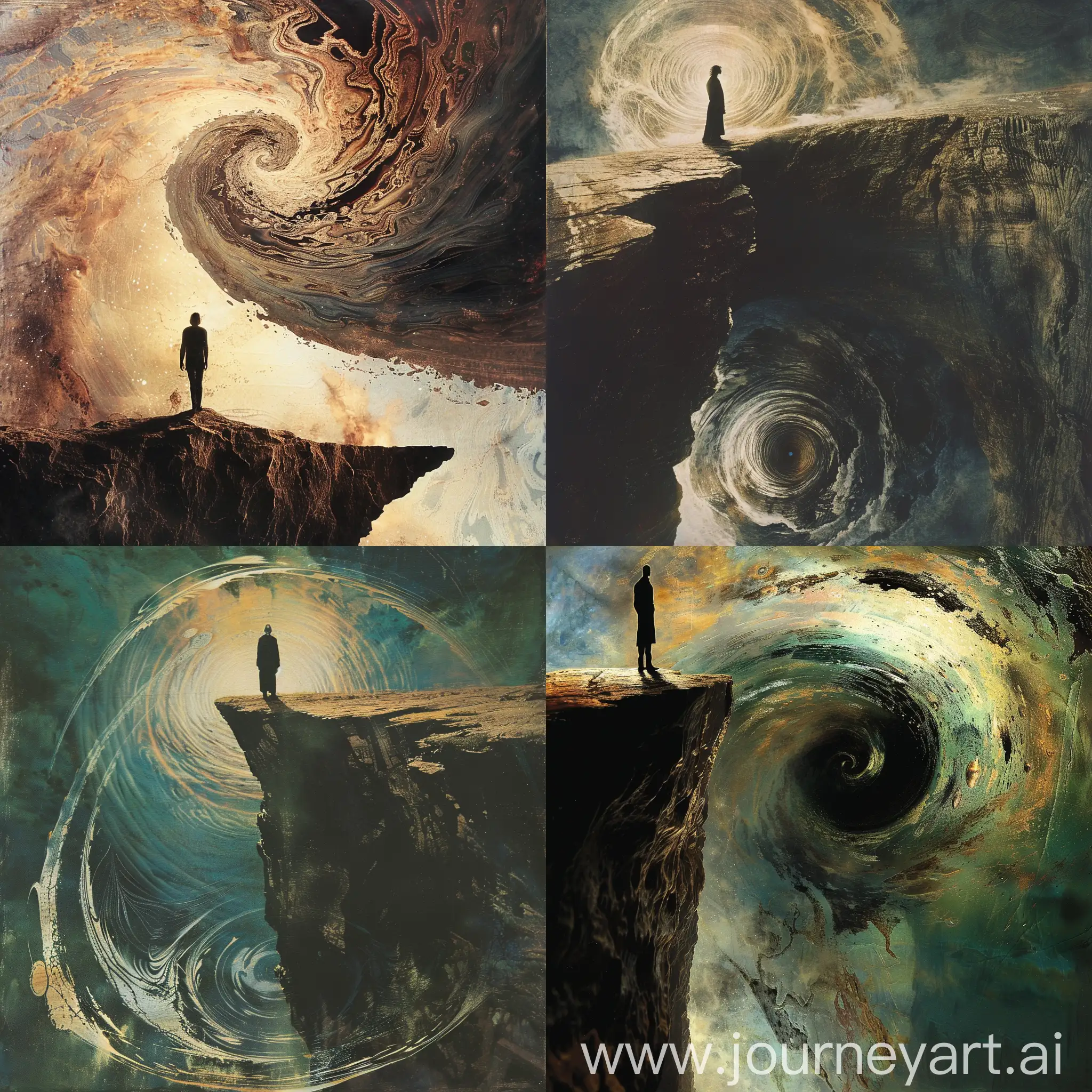 The album cover features a surrealistic scene where a shadowy figure stands at the edge of a cliff, staring out into a swirling vortex of light and darkness. The figure's reflection in the abyss below is distorted, symbolizing the complex themes of paradox, denial, and the contradictions of life and death.